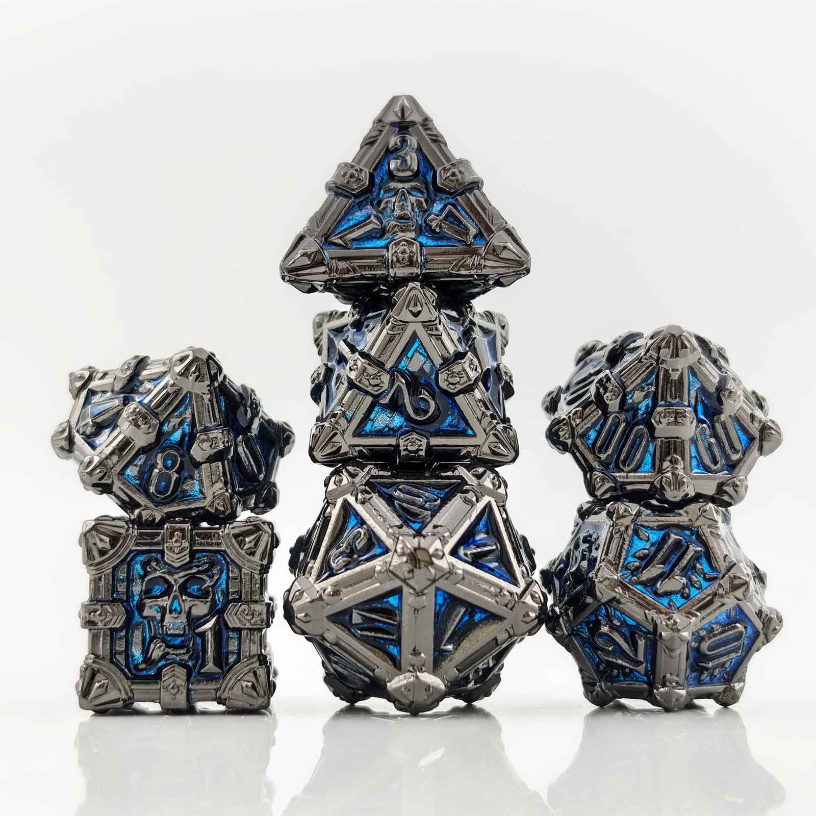 Skull Keep Gothic Relic Metal Dnd D&d Dice Set - Black Nickel Blue