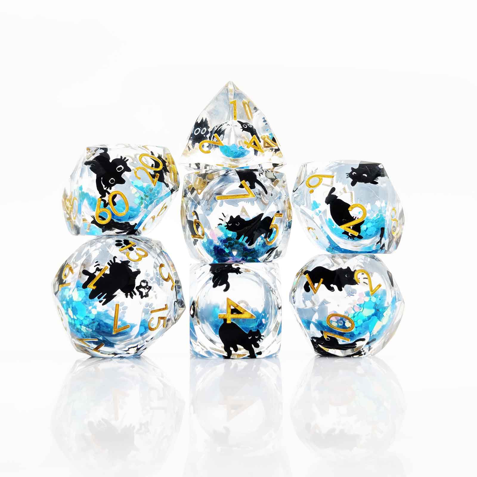 Glowpaw Prism Cat Liquid Core Resin Dnd D&D Dice Set - Aqua Glow Blue