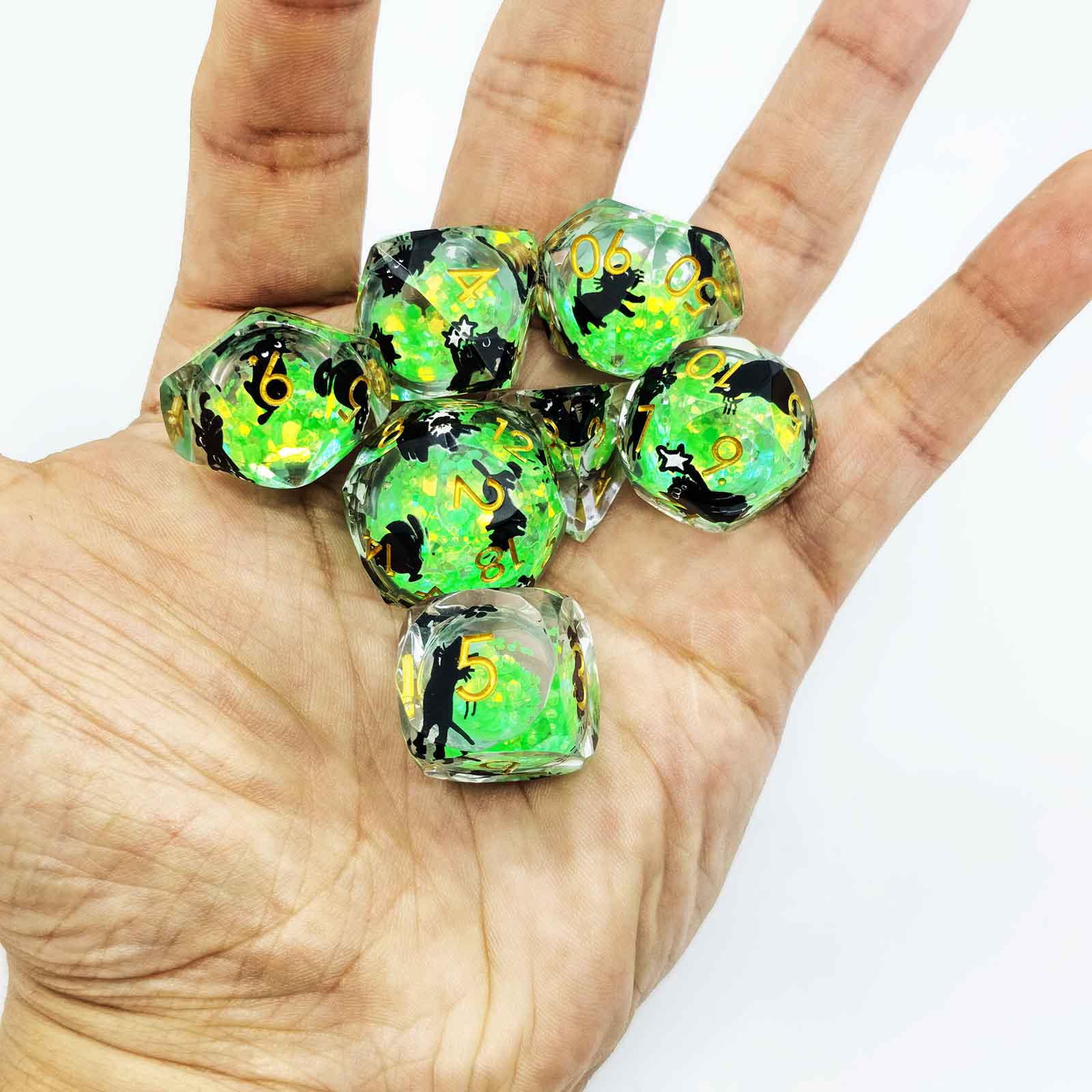 Glowpaw Prism Cat Liquid Core Resin Dnd D&D Dice Set - Glow Jade Green