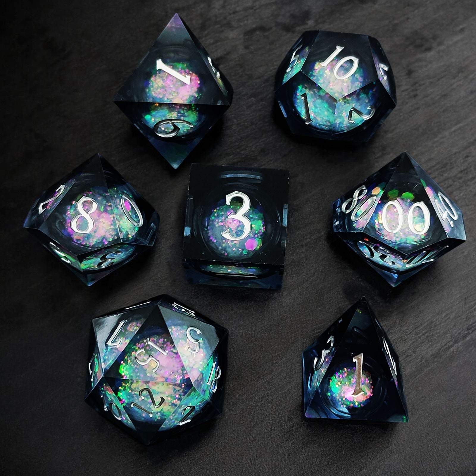 Black Aurora Sphere Liquid Core Resin Dnd D&d Dice Set - Masters Dice