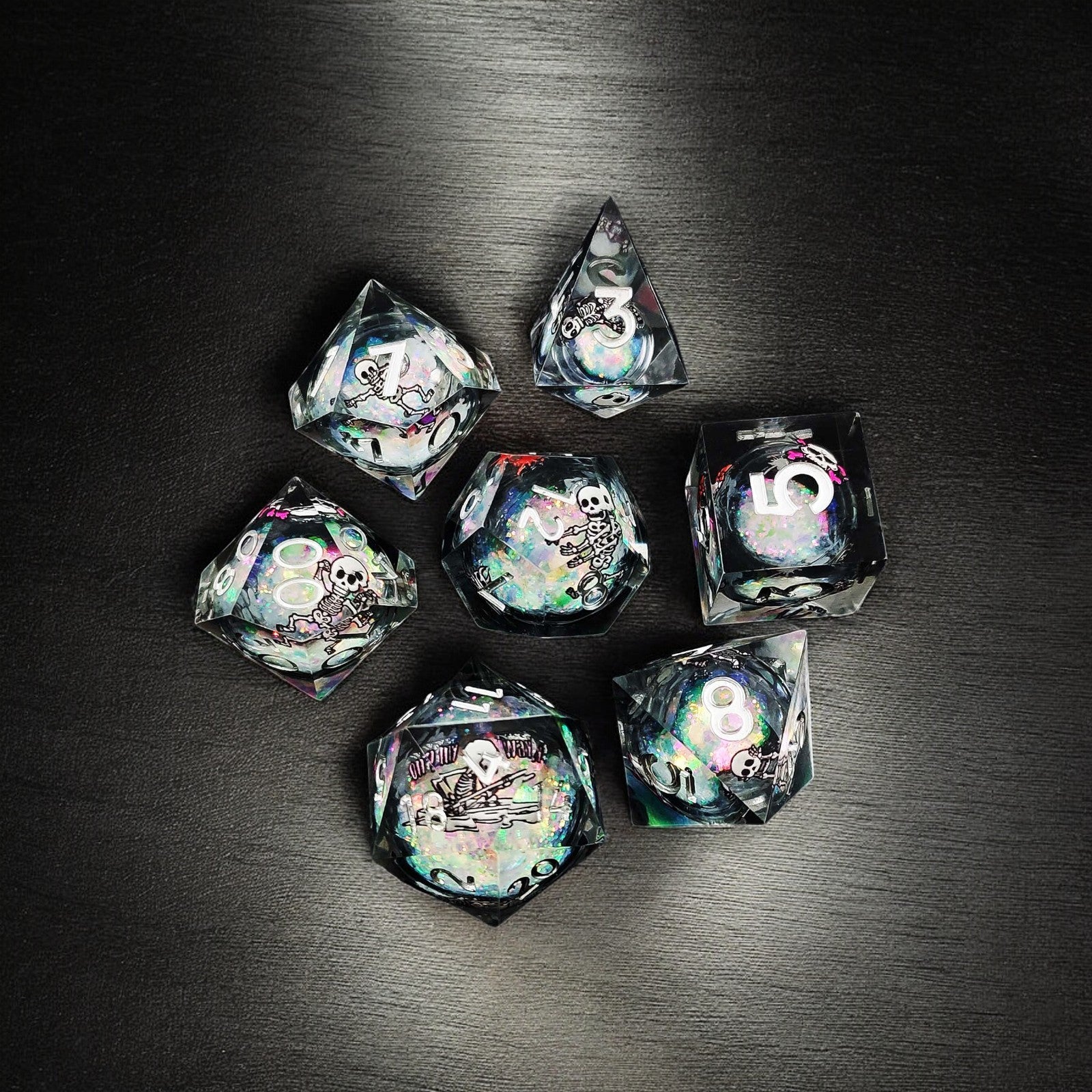 Black Colorful Skull Liquid Core Resin Dnd D&d Dice Set - Masters Dice