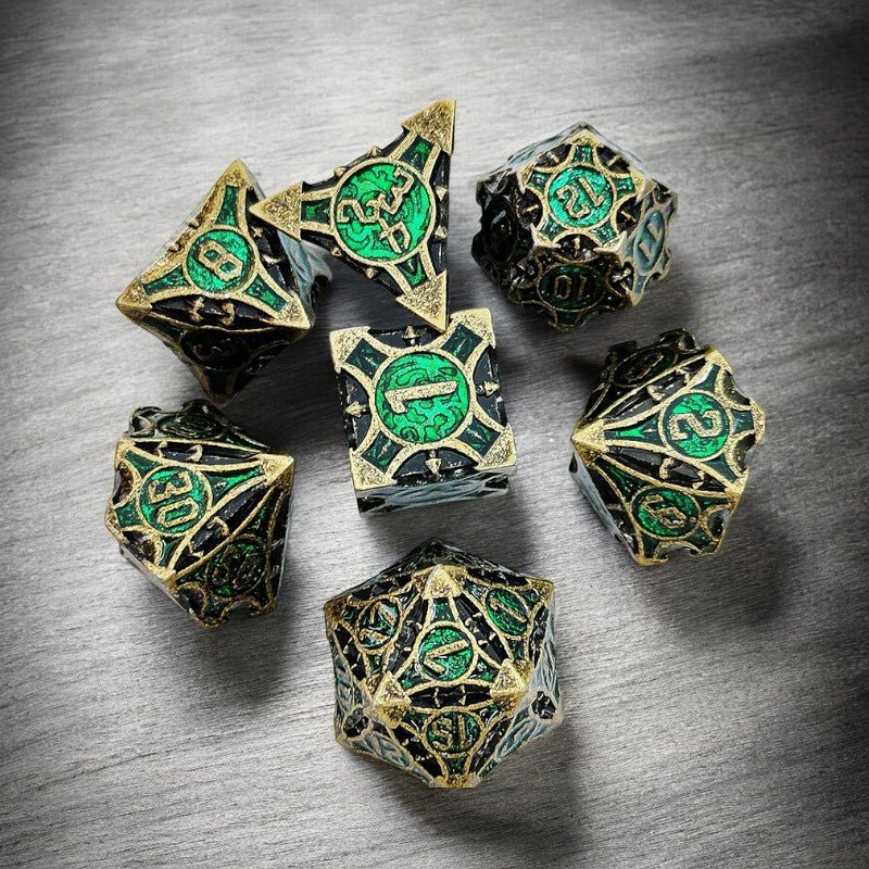 Black Gold And Green Shadow Grove Metal Dnd D&d Dice Set - Masters Dice