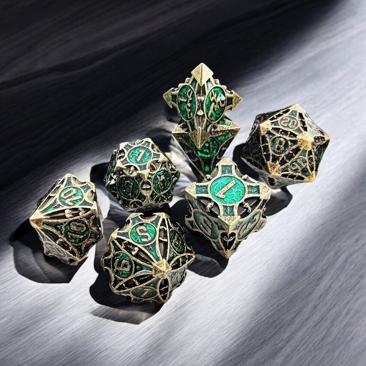 Black Gold And Green Shadow Grove Metal Dnd D&d Dice Set - Masters Dice