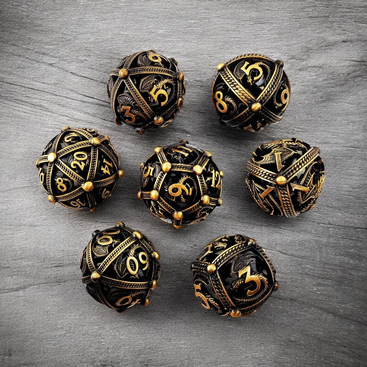 Black Gold Hollow Golden Aegis Metal Dnd D&d Dice Set - Masters Dice