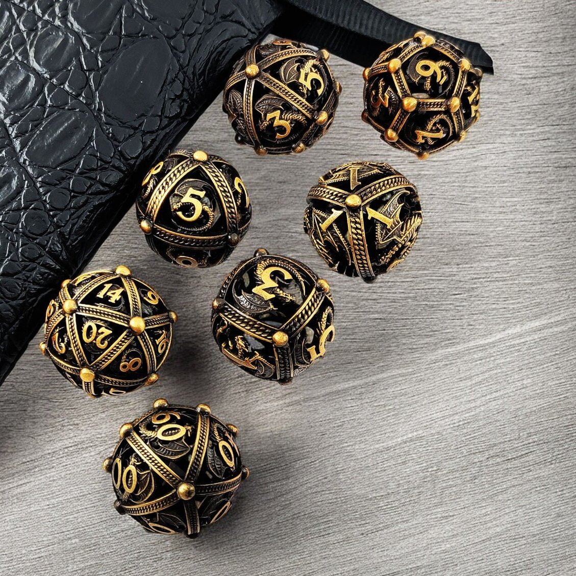 Black Gold Hollow Golden Aegis Metal Dnd D&d Dice Set - Masters Dice