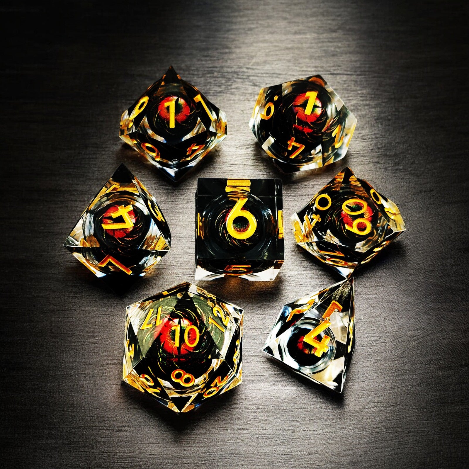 Black Gold Infernal Blaze Dragon Eye Liquid Core Resin Dnd D&d Dice Set - Masters Dice