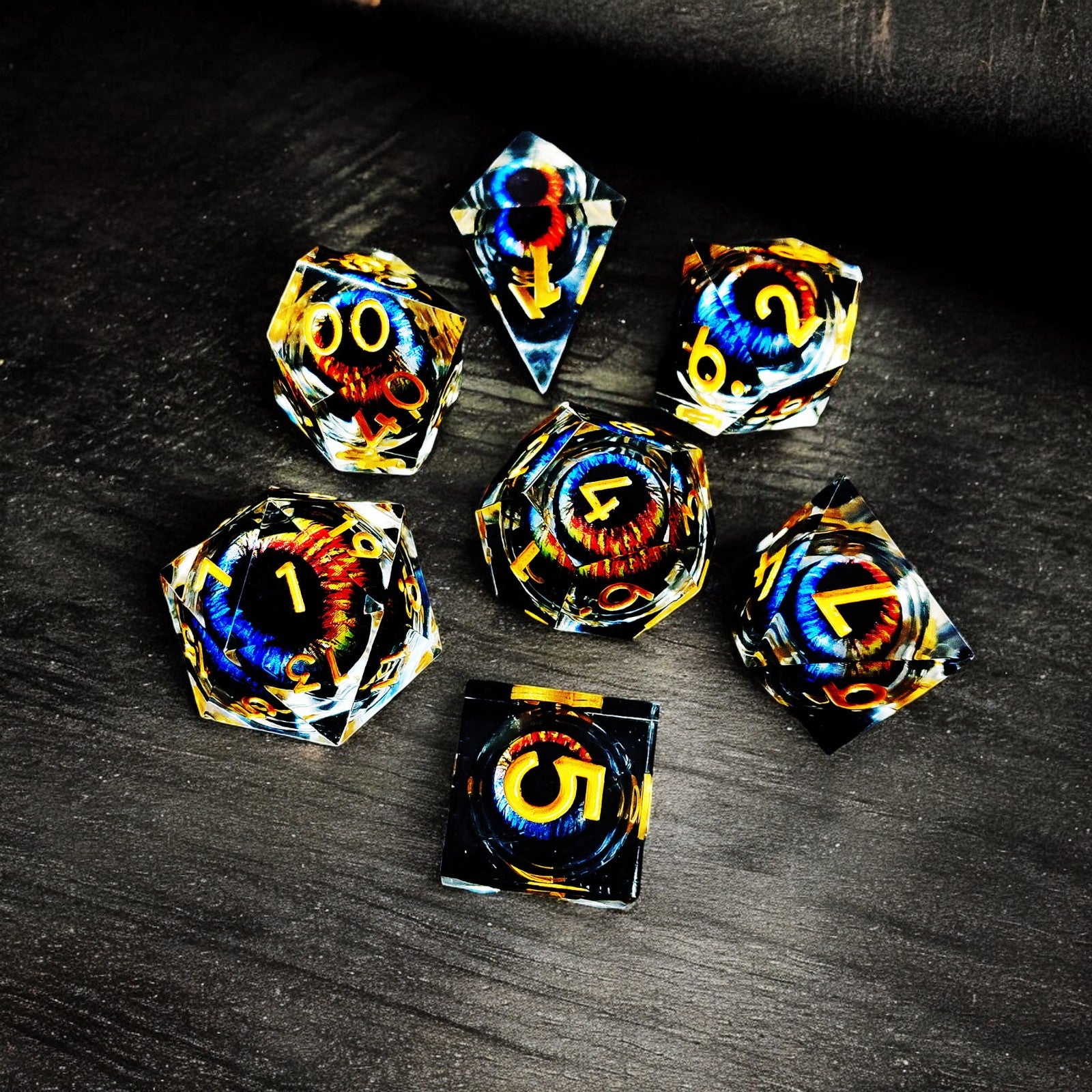 Black Infernal Dragon Eye Liquid Core Resin Dnd D&d Dice Set - Masters Dice