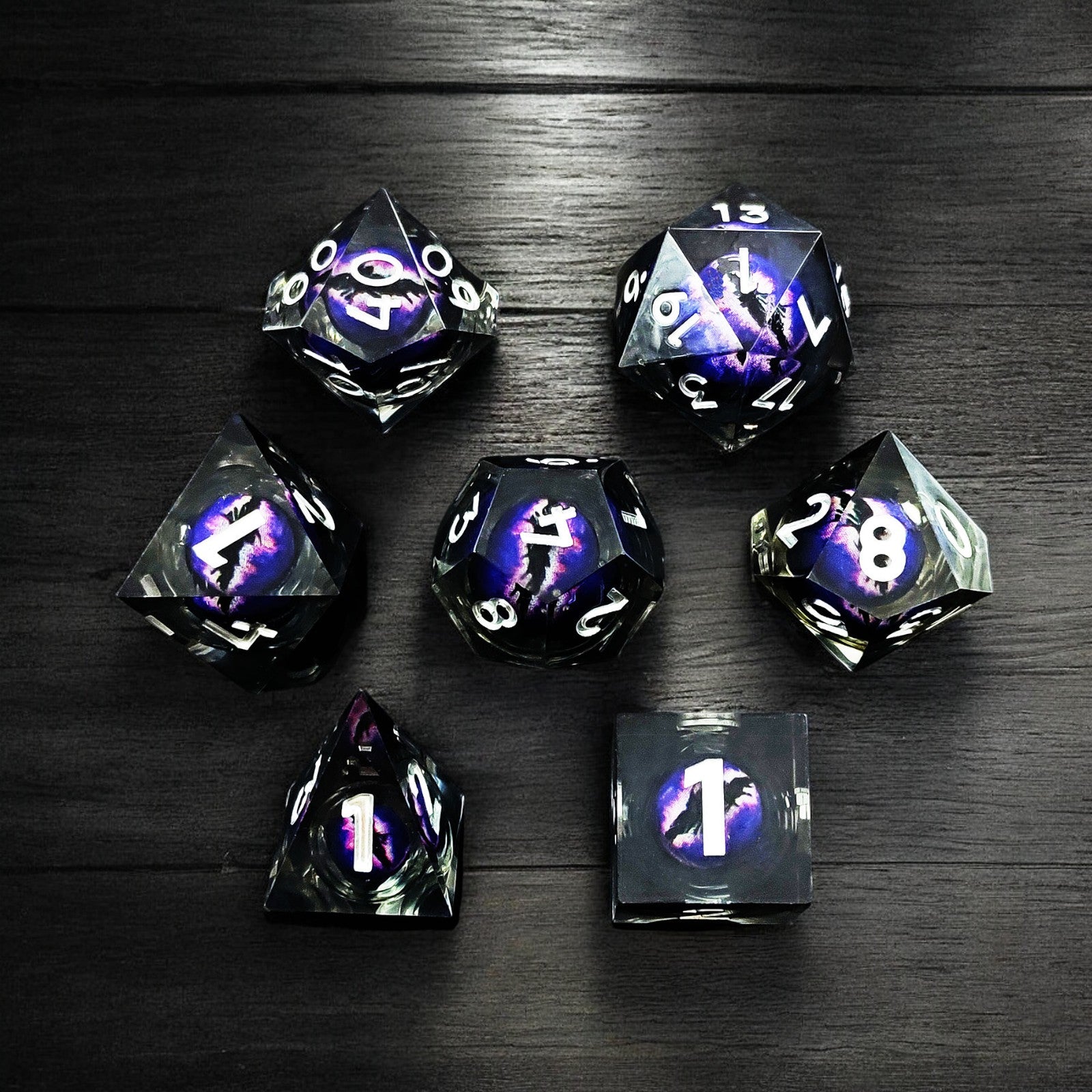 Black Purple Phantom Rift Dragon Eye Liquid Core Resin Dnd D&d Dice Set - Masters Dice