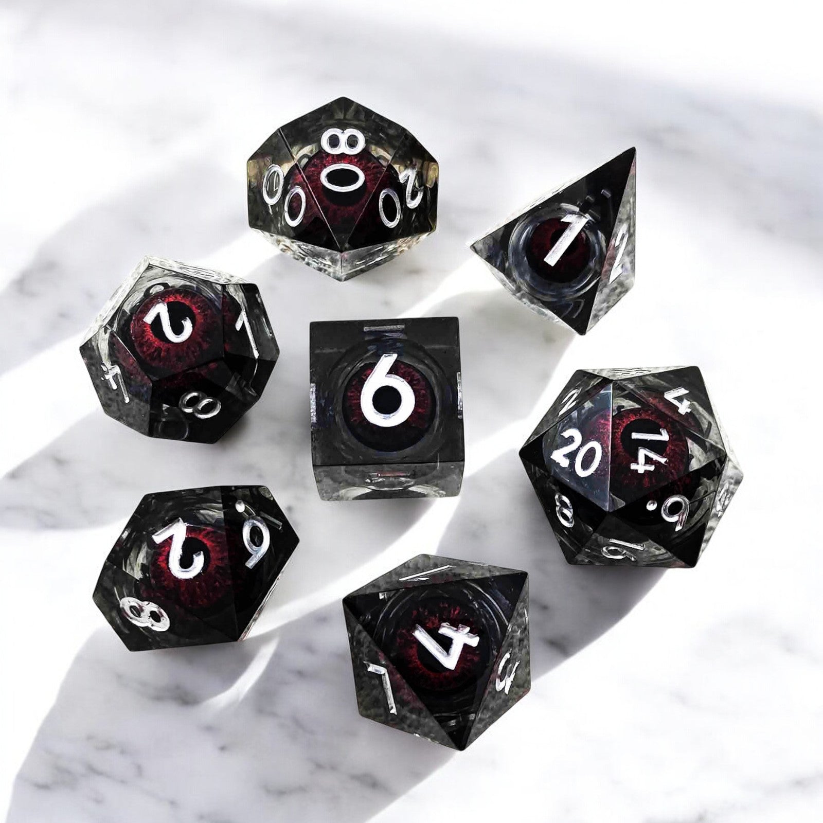 Black Red Infernal Pupil Dragon Eye Liquid Core Resin Dnd D&d Dice Set - Masters Dice