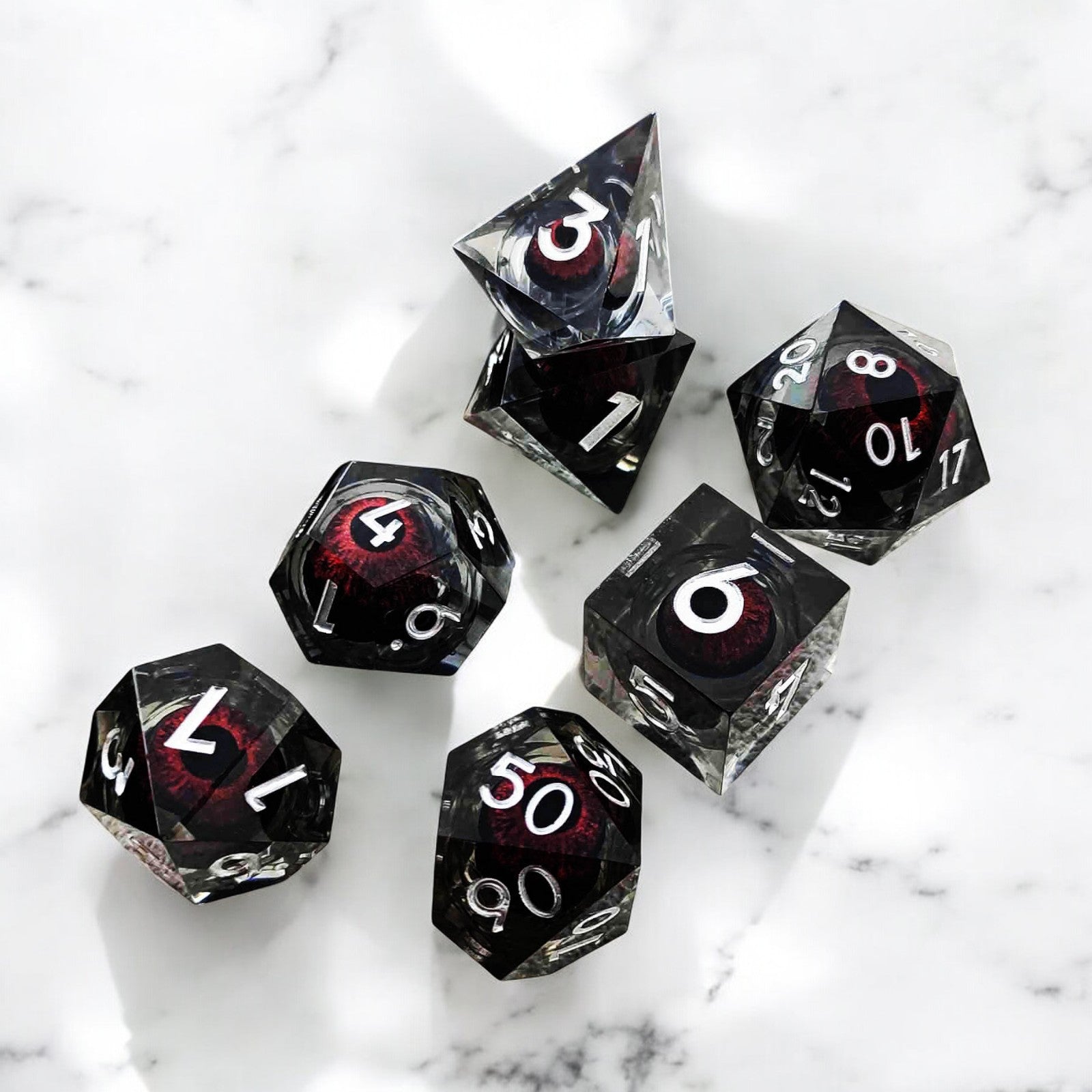 Black Red Infernal Pupil Dragon Eye Liquid Core Resin Dnd D&d Dice Set - Masters Dice