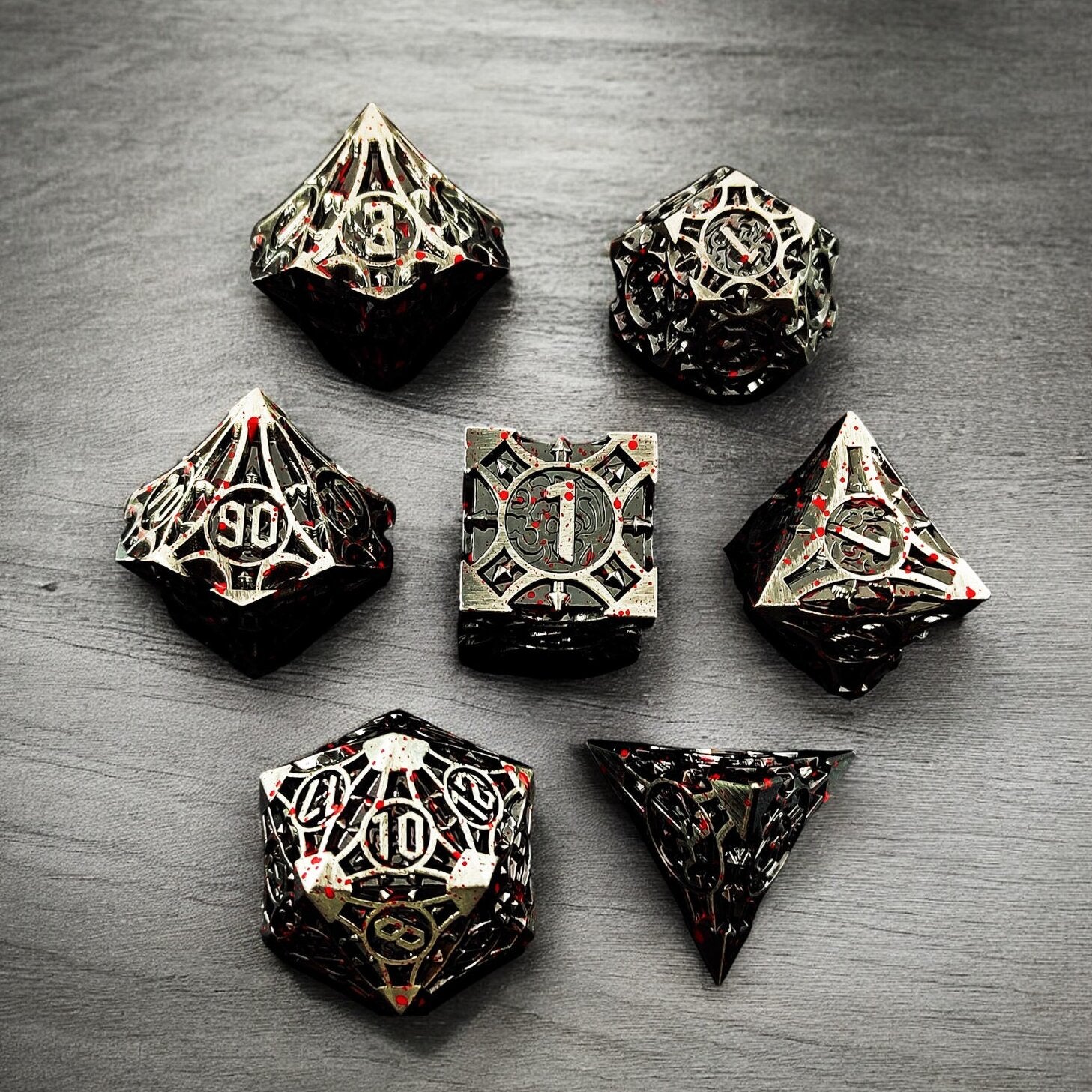 Black Silver And Red Blood Eclipse Streaks Metal Dnd D&d Dice Set - Masters Dice