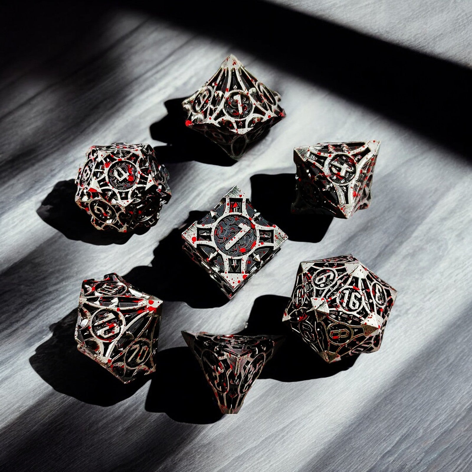 Black Silver And Red Blood Eclipse Streaks Metal Dnd D&d Dice Set - Masters Dice