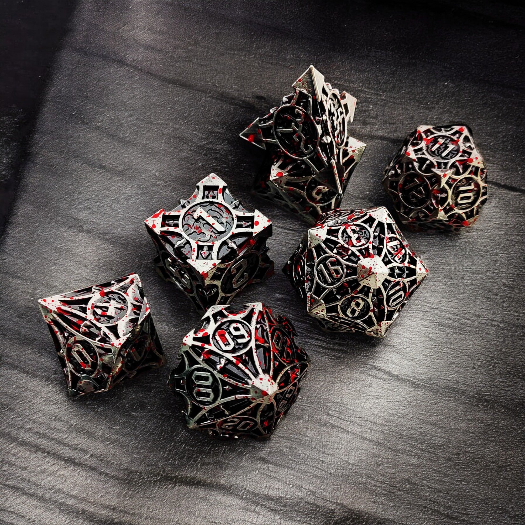 Black Silver And Red Blood Eclipse Streaks Metal Dnd D&d Dice Set - Masters Dice