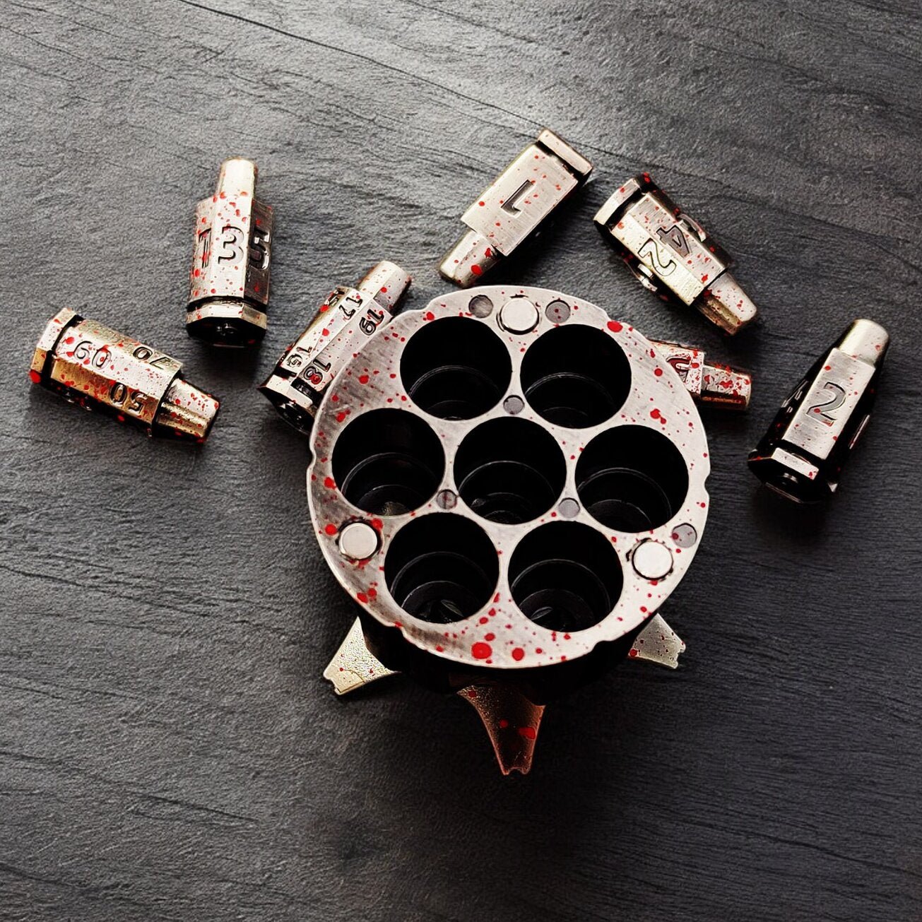Bloodstained Revolver Metal Dnd D&d Dice Set - Masters Dice