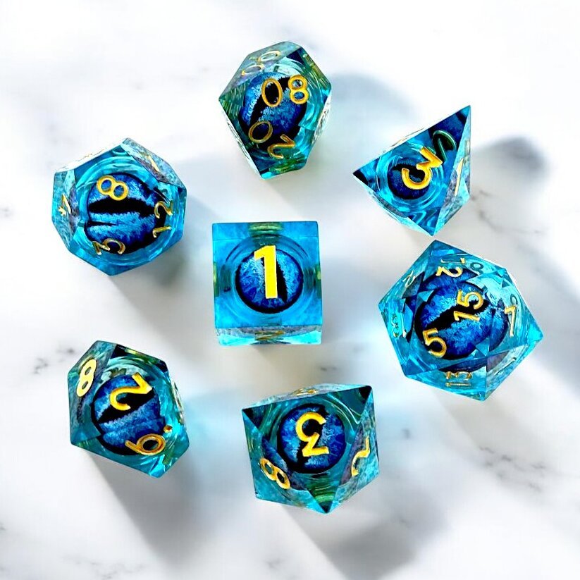 Blue Cosmic Rift Dragon Eye Liquid Core Resin Dnd D&d Dice Set - Masters Dice