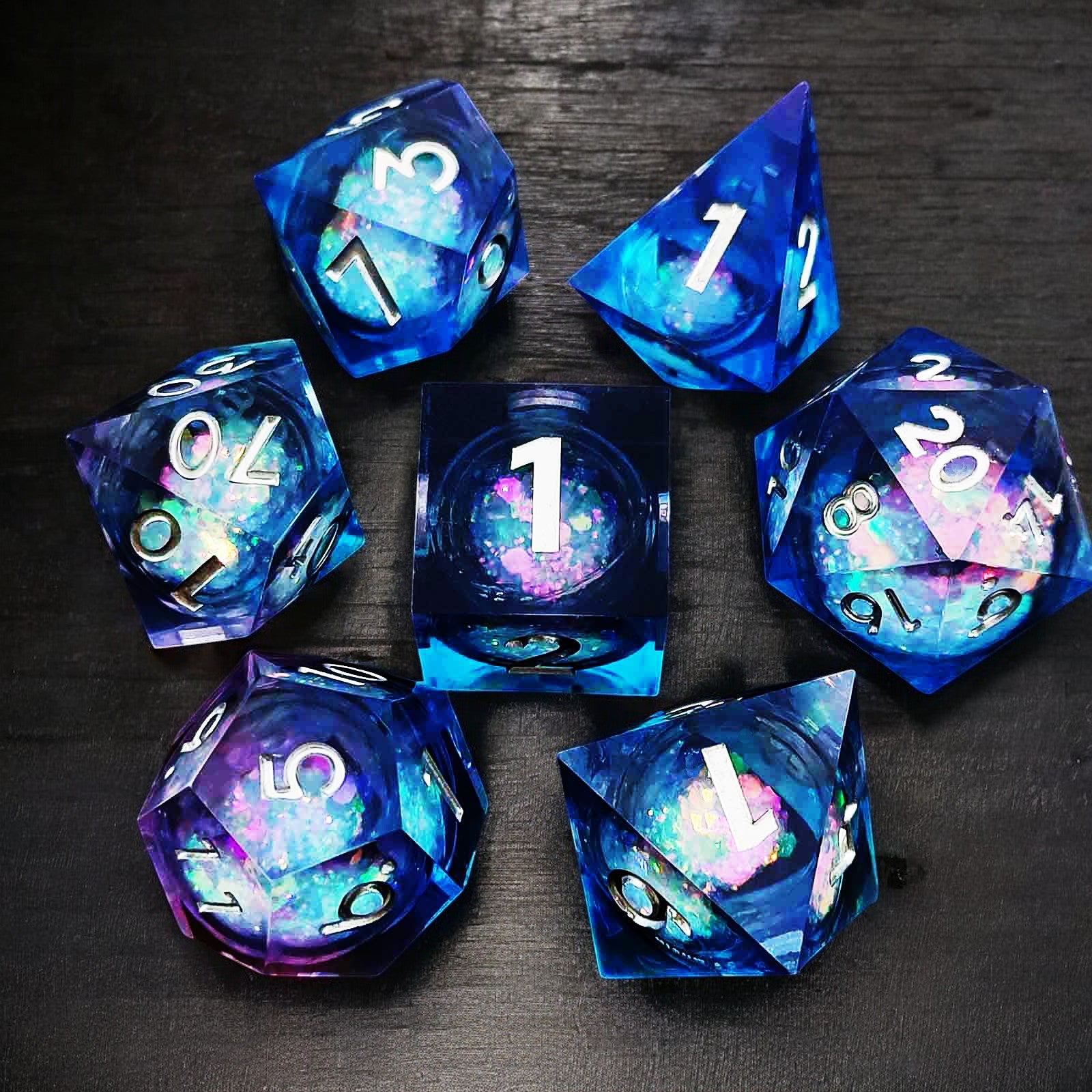 Blue Purple Ethereal Glow Liquid Core Resin Dnd D&d Dice Set - Masters Dice