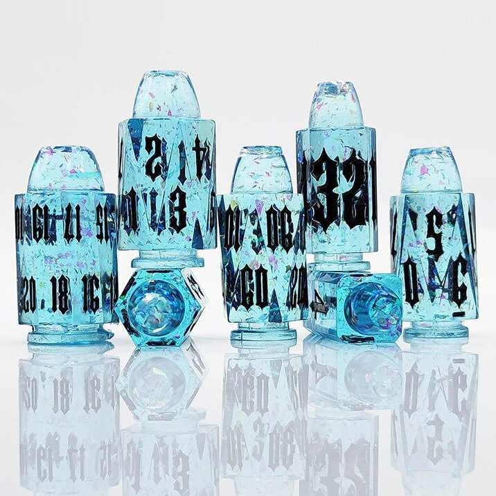 Blue Transparent Arctic Starlight Bullet Resin Dnd D&d Dice Set - Masters Dice