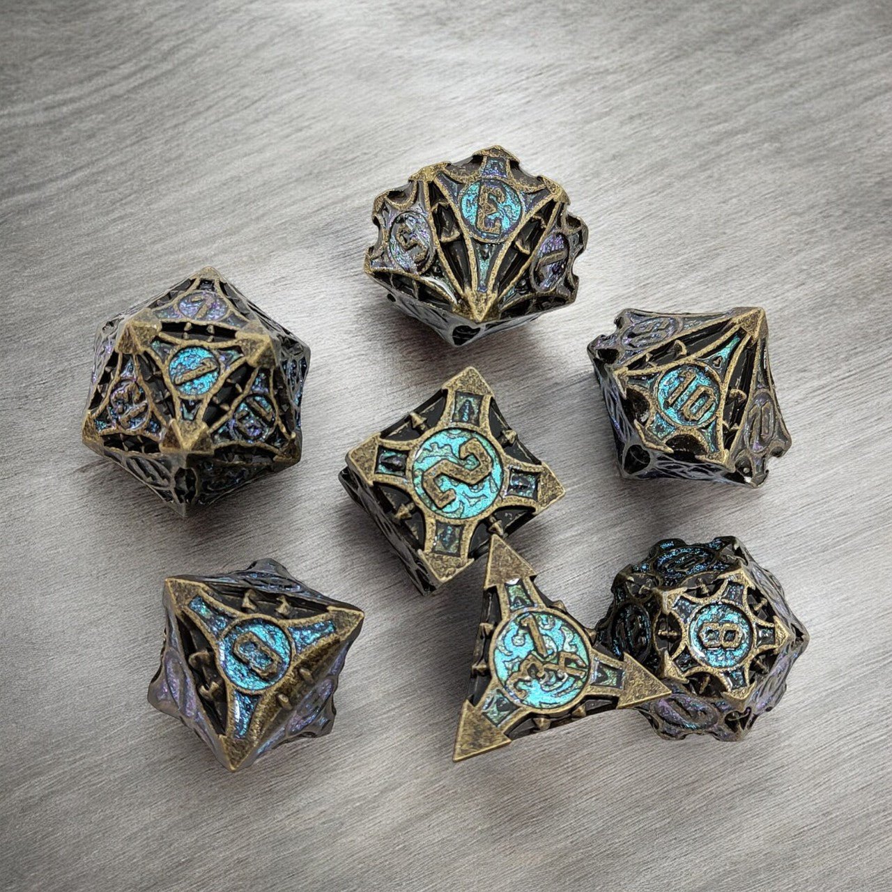 Bronze And Turquoise Forest Wrought Metal Dnd D&d Dice Set - Masters Dice