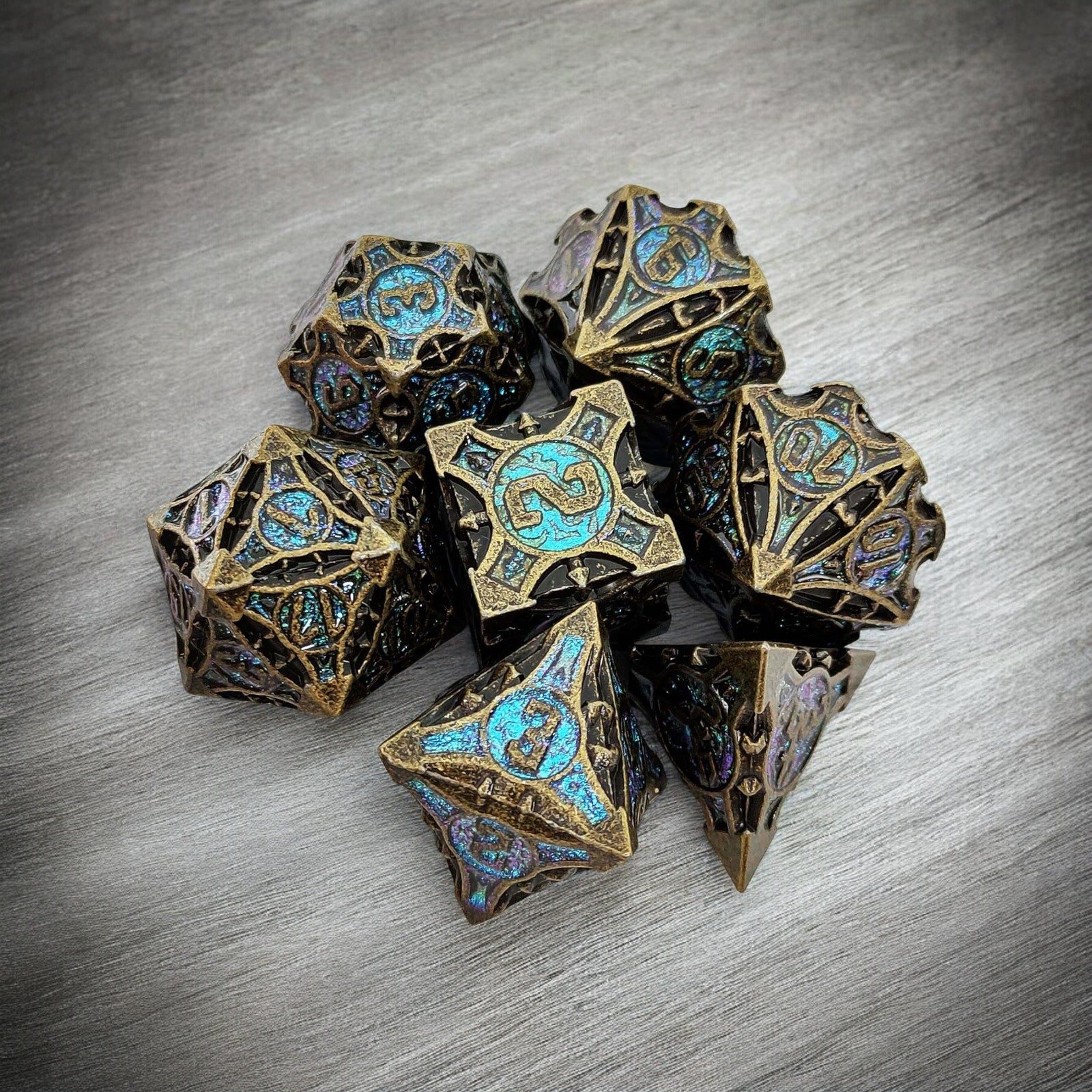 Bronze And Turquoise Forest Wrought Metal Dnd D&d Dice Set - Masters Dice