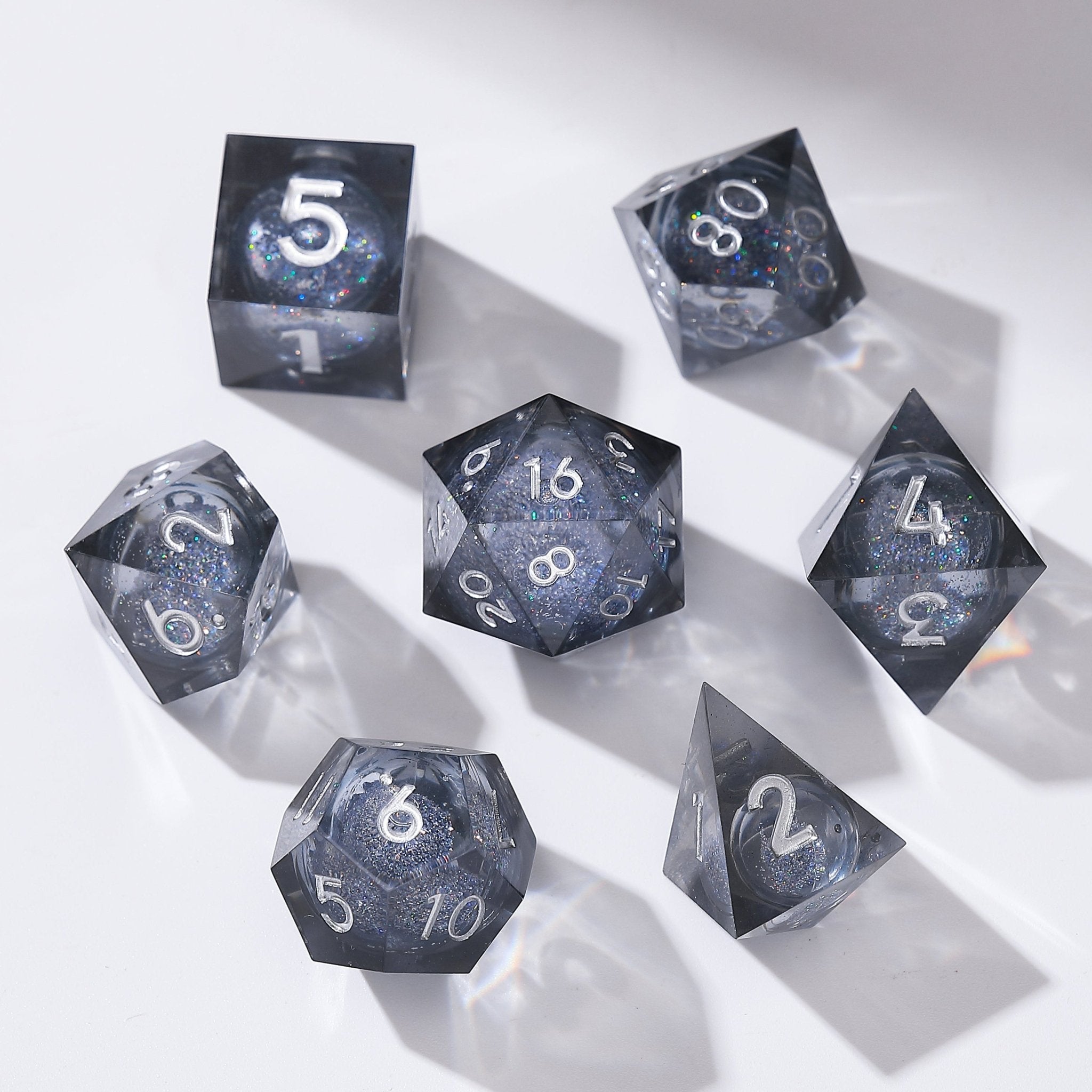 Cosmic Eclipse Gray - Silver with Glitter Liquid Core Resin Dnd D&D Dice Set - Masters Dice