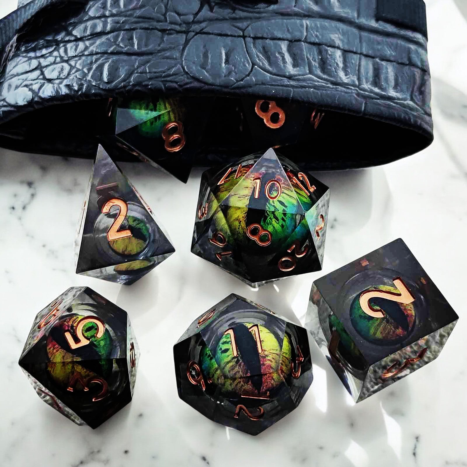 Dark Green Mystic Forest Eye Dragon Eye Liquid Core Resin Dnd D&d Dice Set - Masters Dice