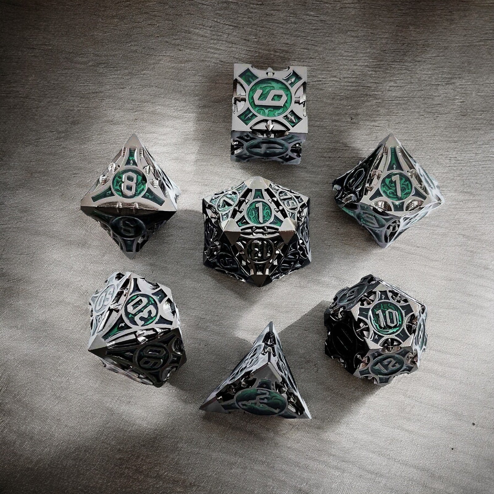Dark Silver And Green Shadow Relic Metal Dnd D&d Dice Set - Masters Dice