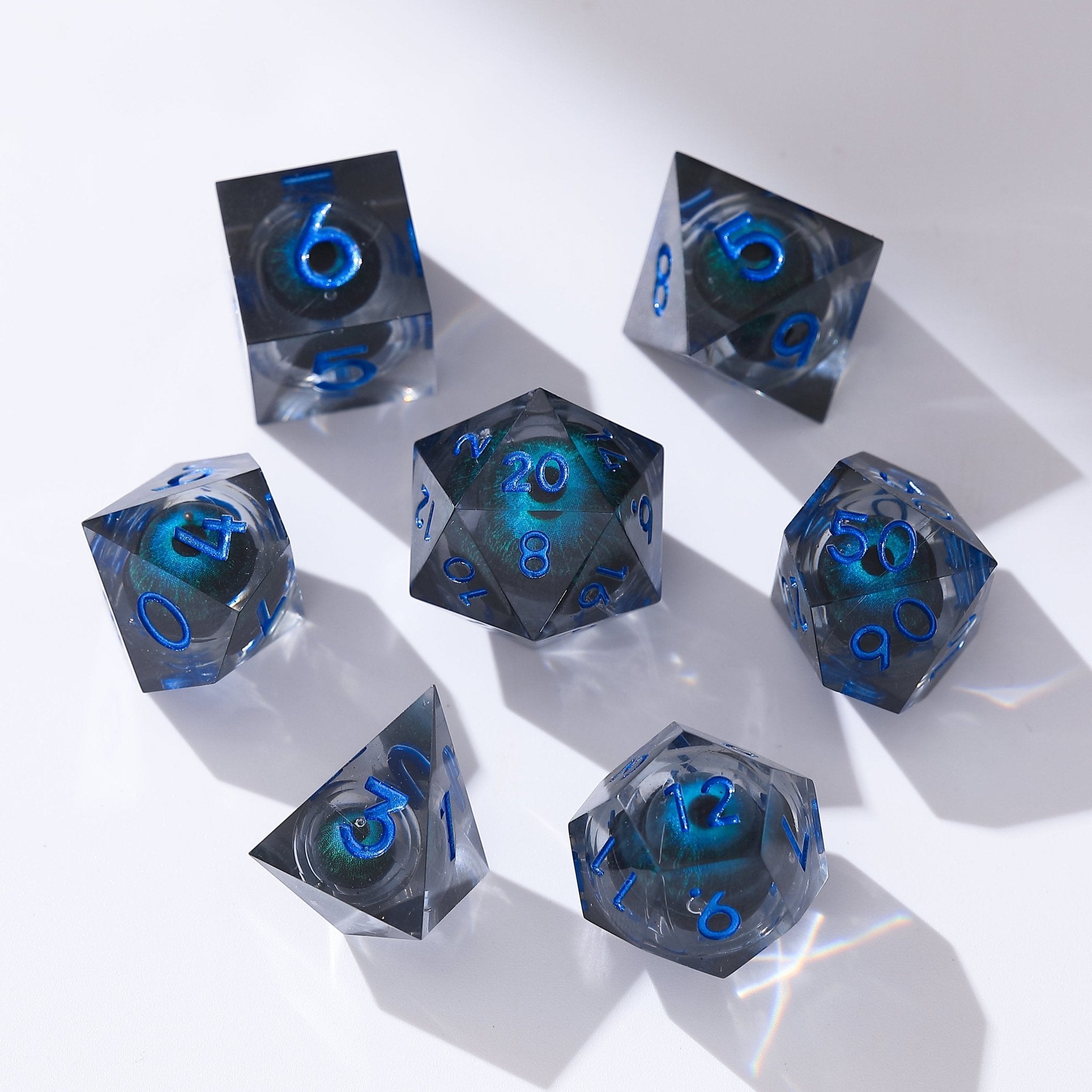 Dragon Eye Black Blue Deep Sea Phantom Pupil Resin Dnd D&D Dice Set - Masters Dice