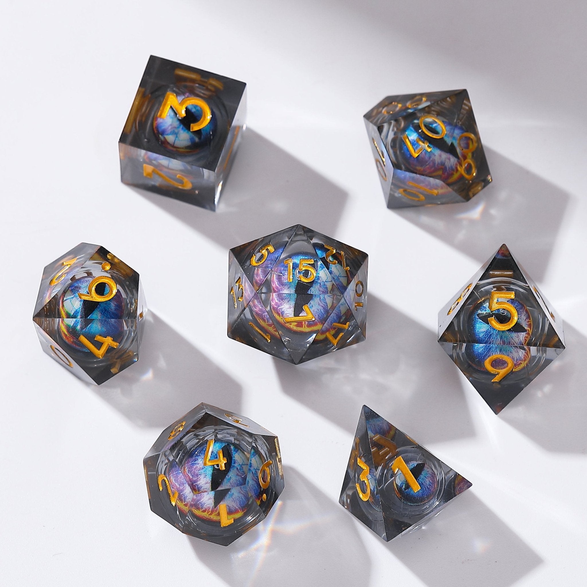 Dragon Eye Gray - Blue with Gold Pupil Resin Dnd D&D Dice Set - Masters Dice