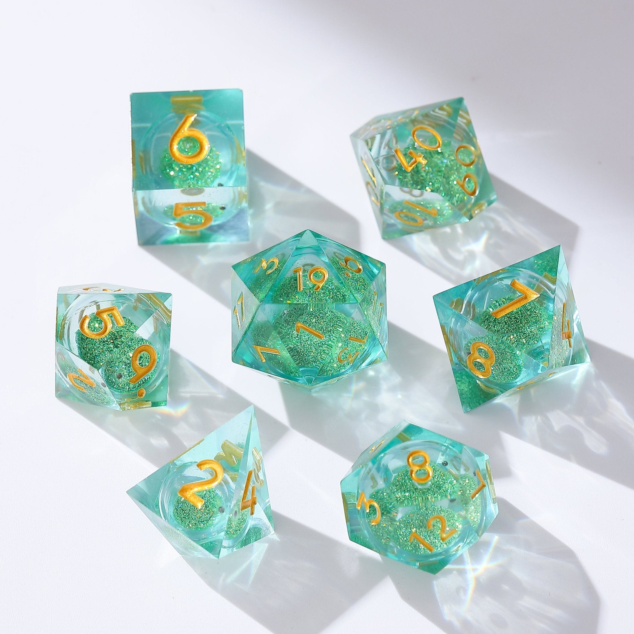 Emerald Light Forest Blessing Green Liquid Core Resin Dnd D&D Dice Set - Masters Dice