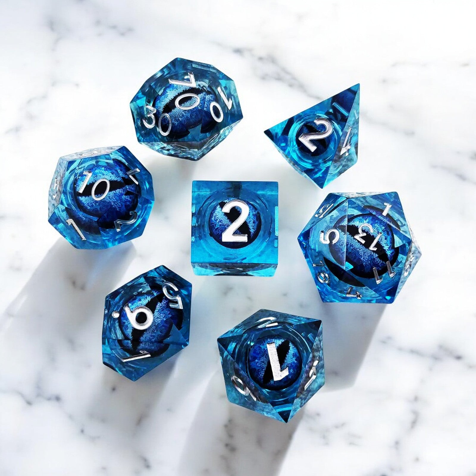 Floating Frost Dragon Eye Liquid Core Resin Flying Dragon Dnd D&d Dice Set - Masters Dice