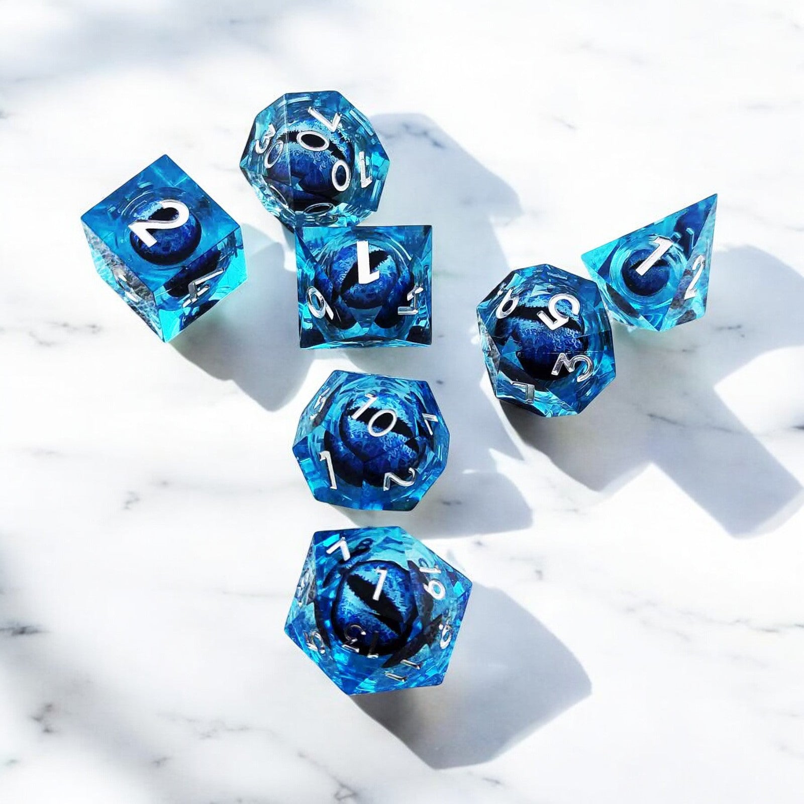 Floating Frost Dragon Eye Liquid Core Resin Flying Dragon Dnd D&d Dice Set - Masters Dice