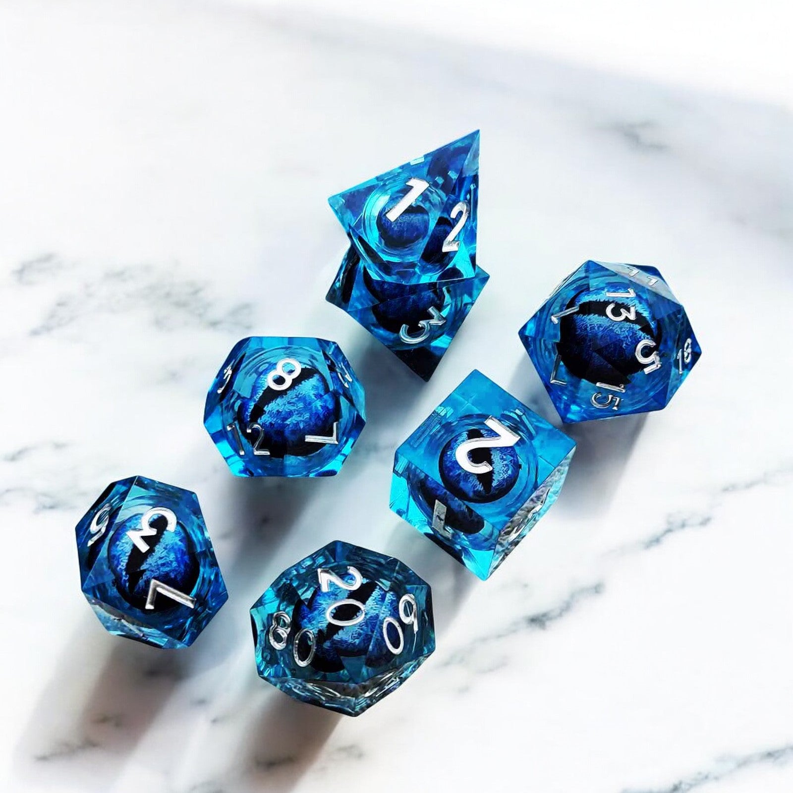 Floating Frost Dragon Eye Liquid Core Resin Flying Dragon Dnd D&d Dice Set - Masters Dice