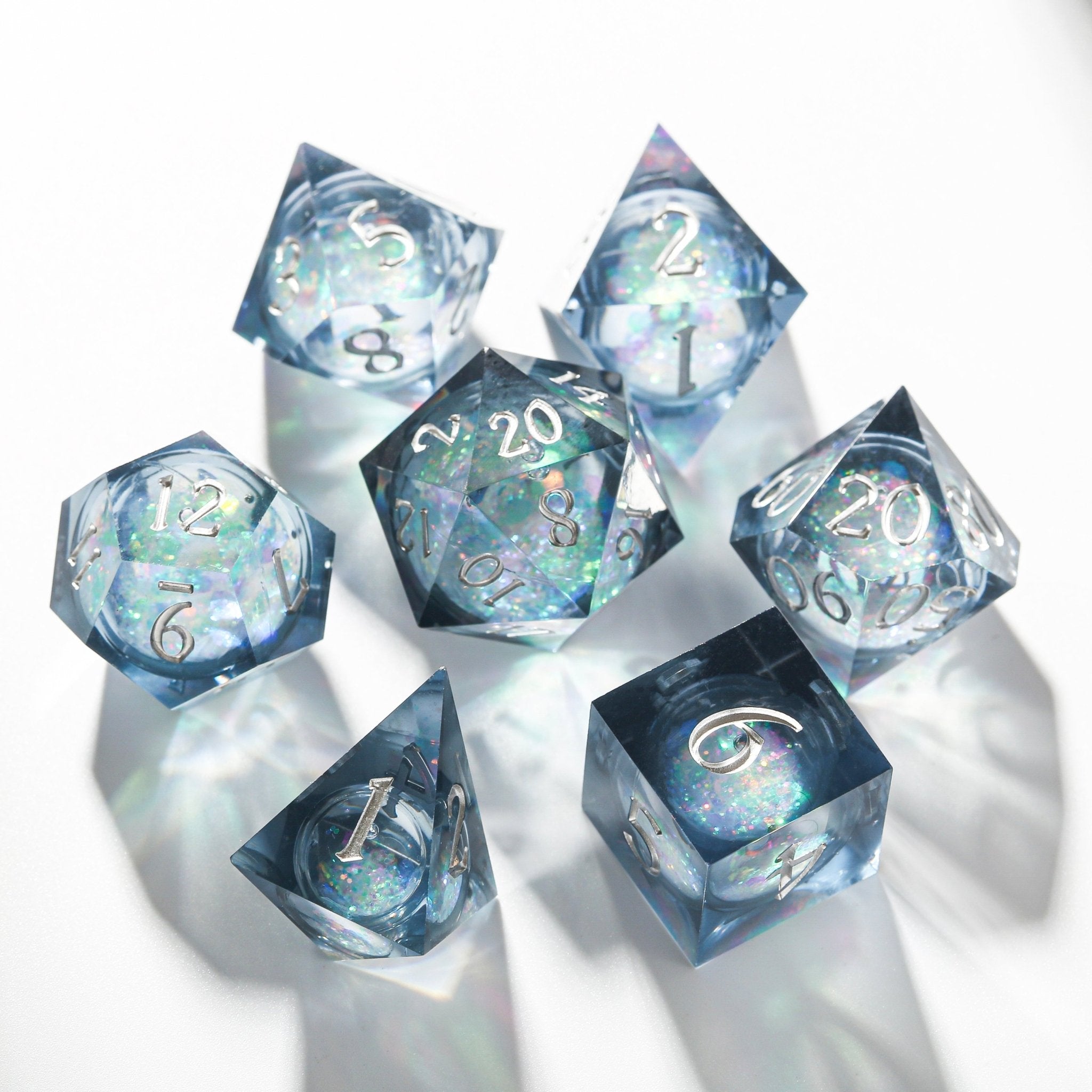 Frozen Crystal Ice Blue Liquid Core Resin Dnd D&D Dice Set - Masters Dice