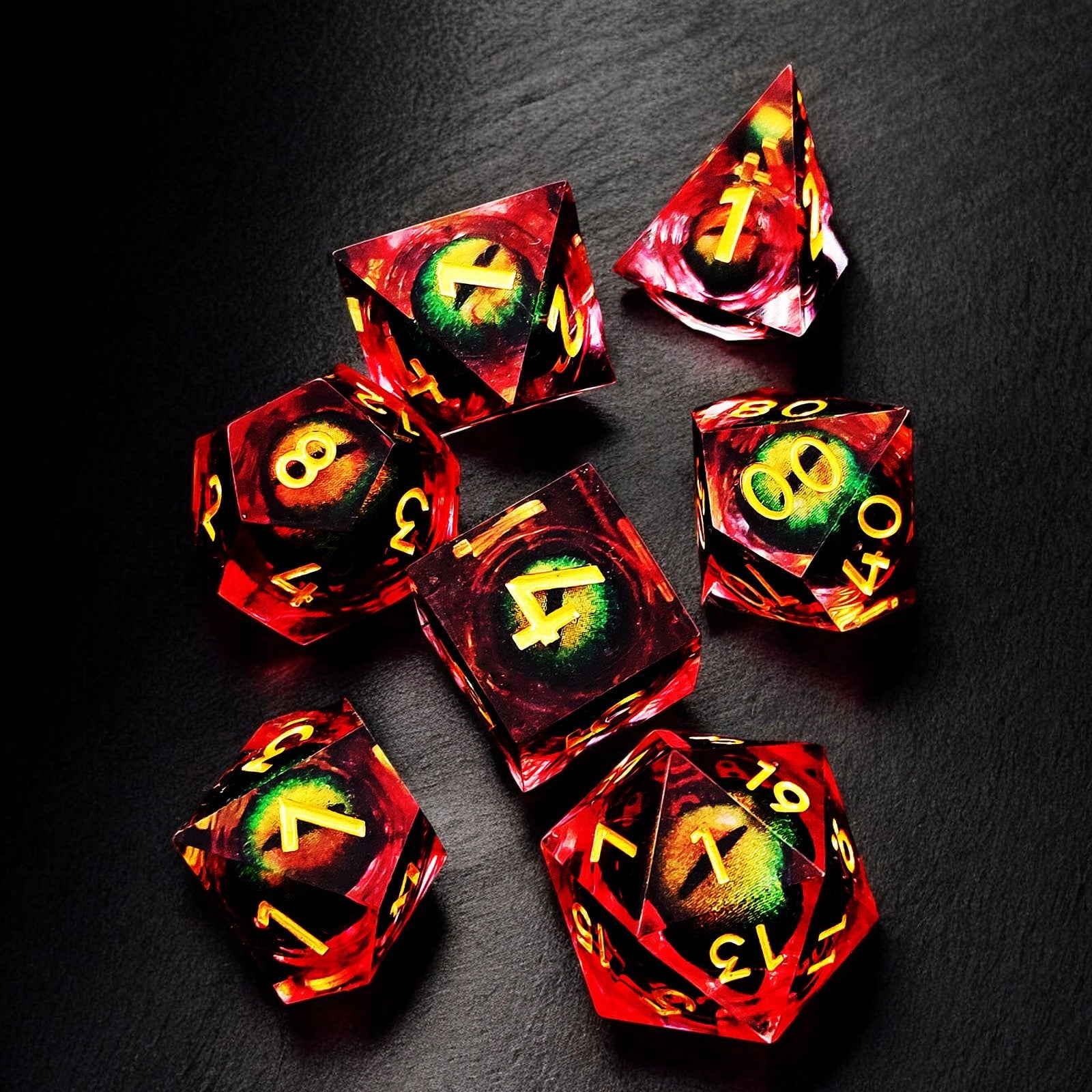 Golden Flame Dragon Eye Liquid Core Resin Dnd D&d Dice Set - Masters Dice