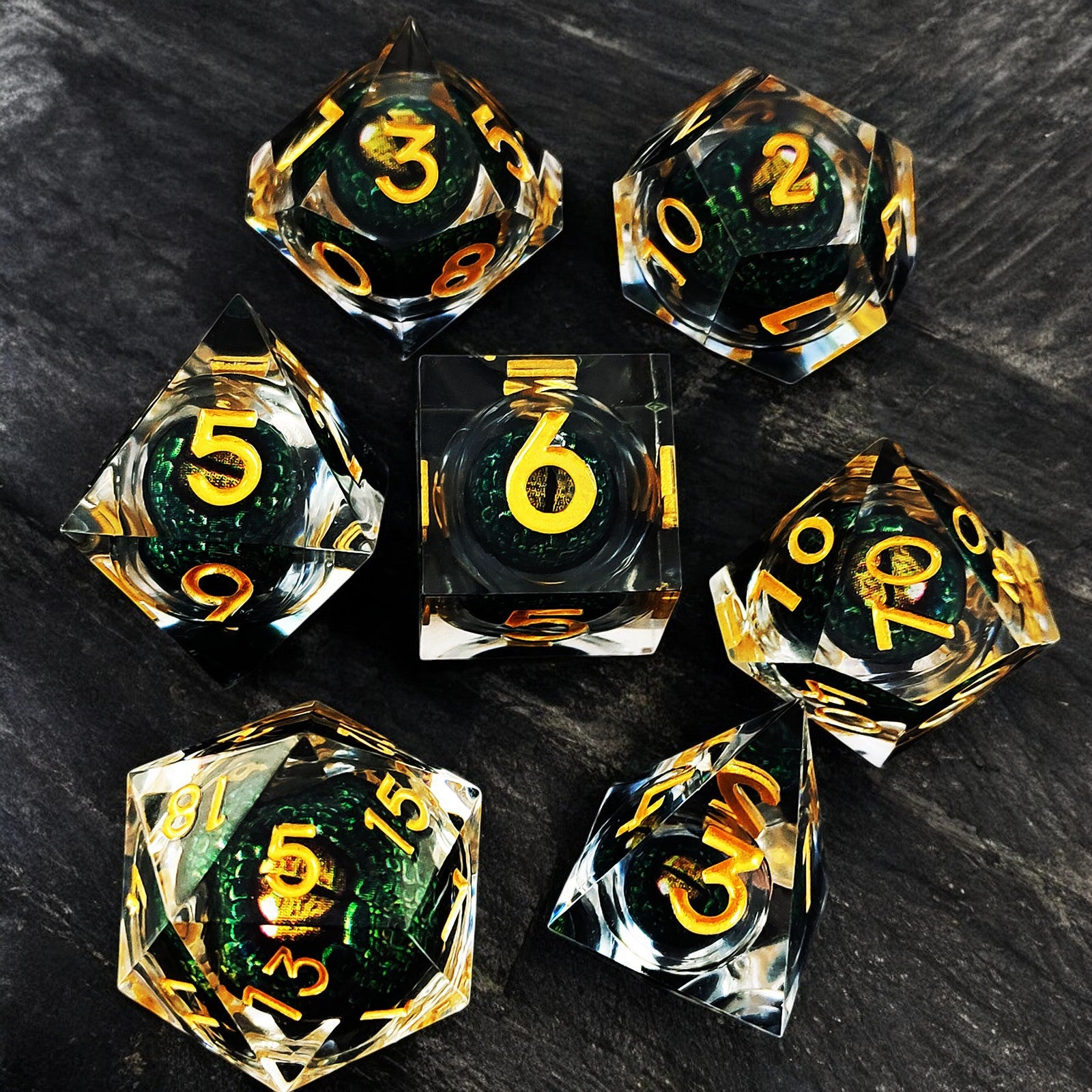 Golden Pupil Dragon Eye Liquid Core Resin Dnd D&d Dice Set - Masters Dice