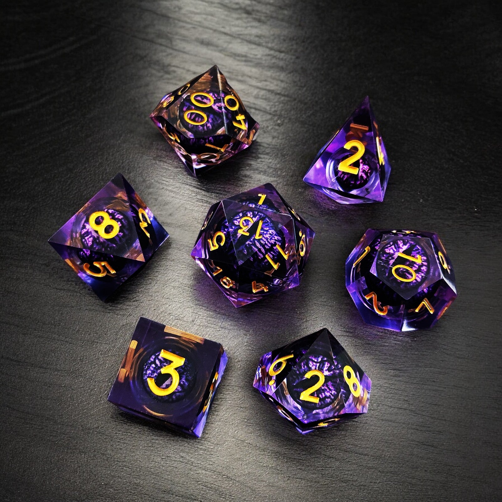 Golden Purple Arcane Twilight Pupil Dragon Eye Liquid Core Resin Dnd D&d Dice Set - Masters Dice