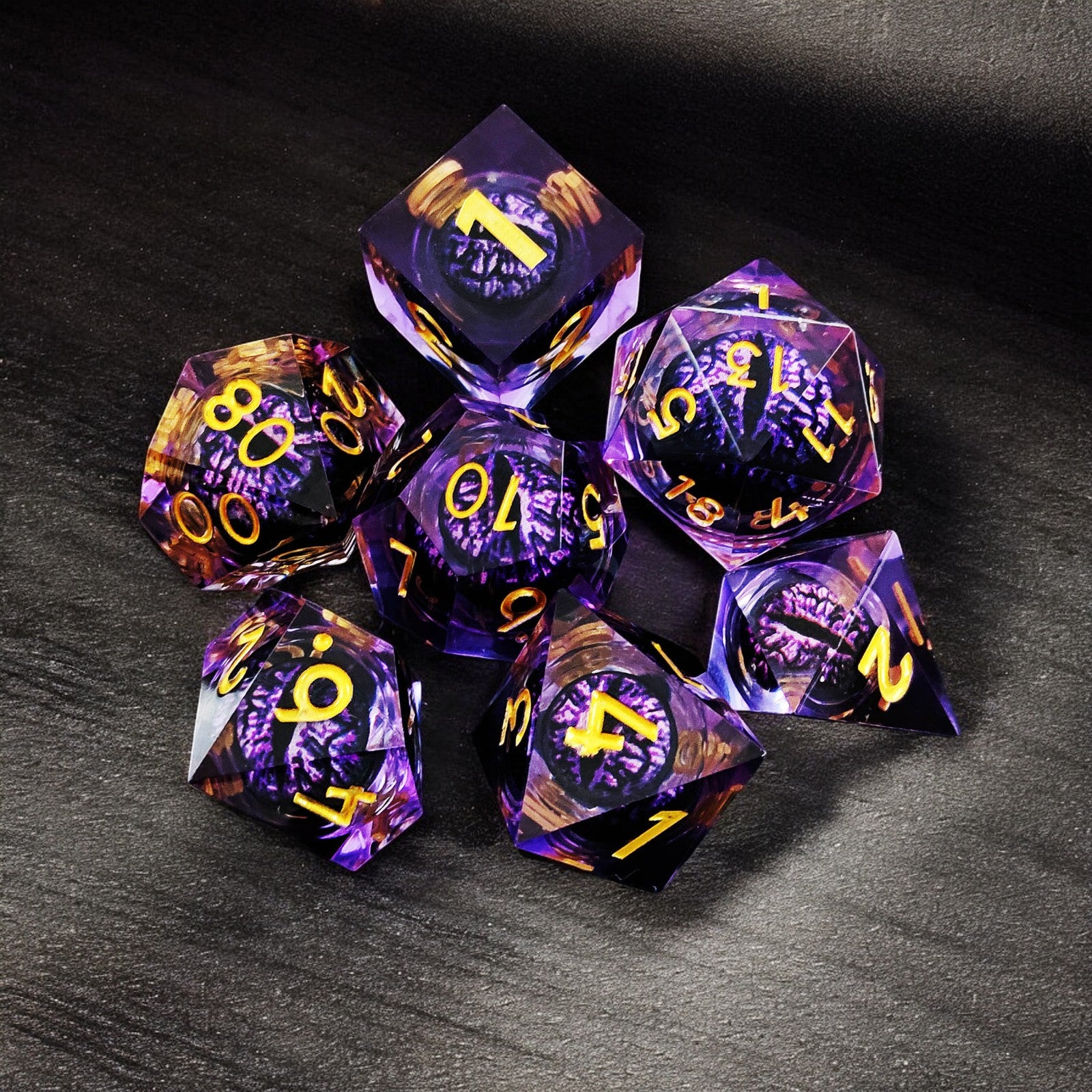 Golden Purple Arcane Twilight Pupil Dragon Eye Liquid Core Resin Dnd D&d Dice Set - Masters Dice