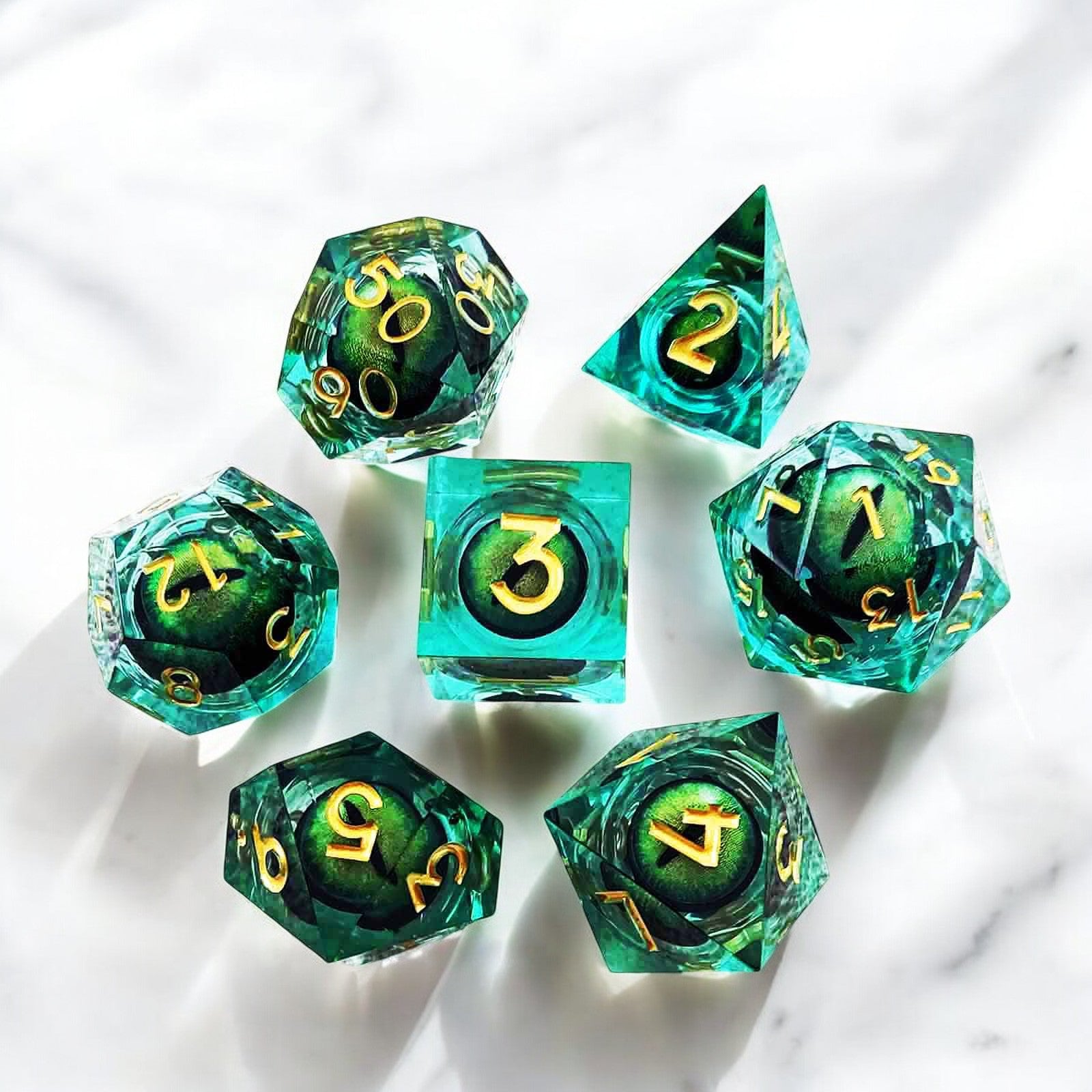 Green Emerald Abyss Pupil Dragon Eye Liquid Core Resin Dnd D&d Dice Set - Masters Dice