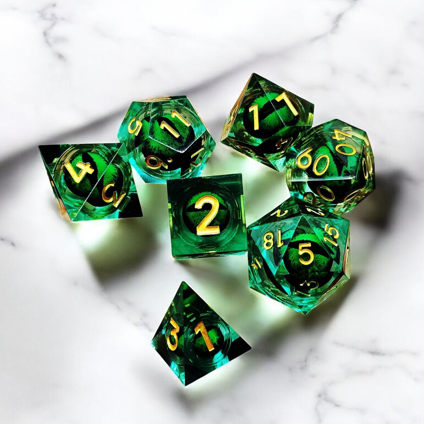 Green Emerald Abyss Pupil Dragon Eye Liquid Core Resin Dnd D&d Dice Set - Masters Dice