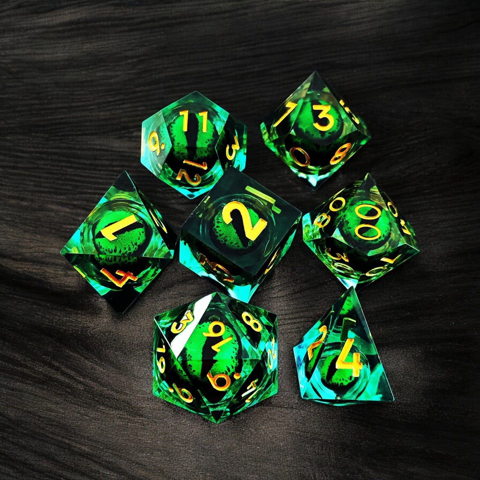 Green Emerald Abyss Pupil Dragon Eye Liquid Core Resin Dnd D&d Dice Set - Masters Dice