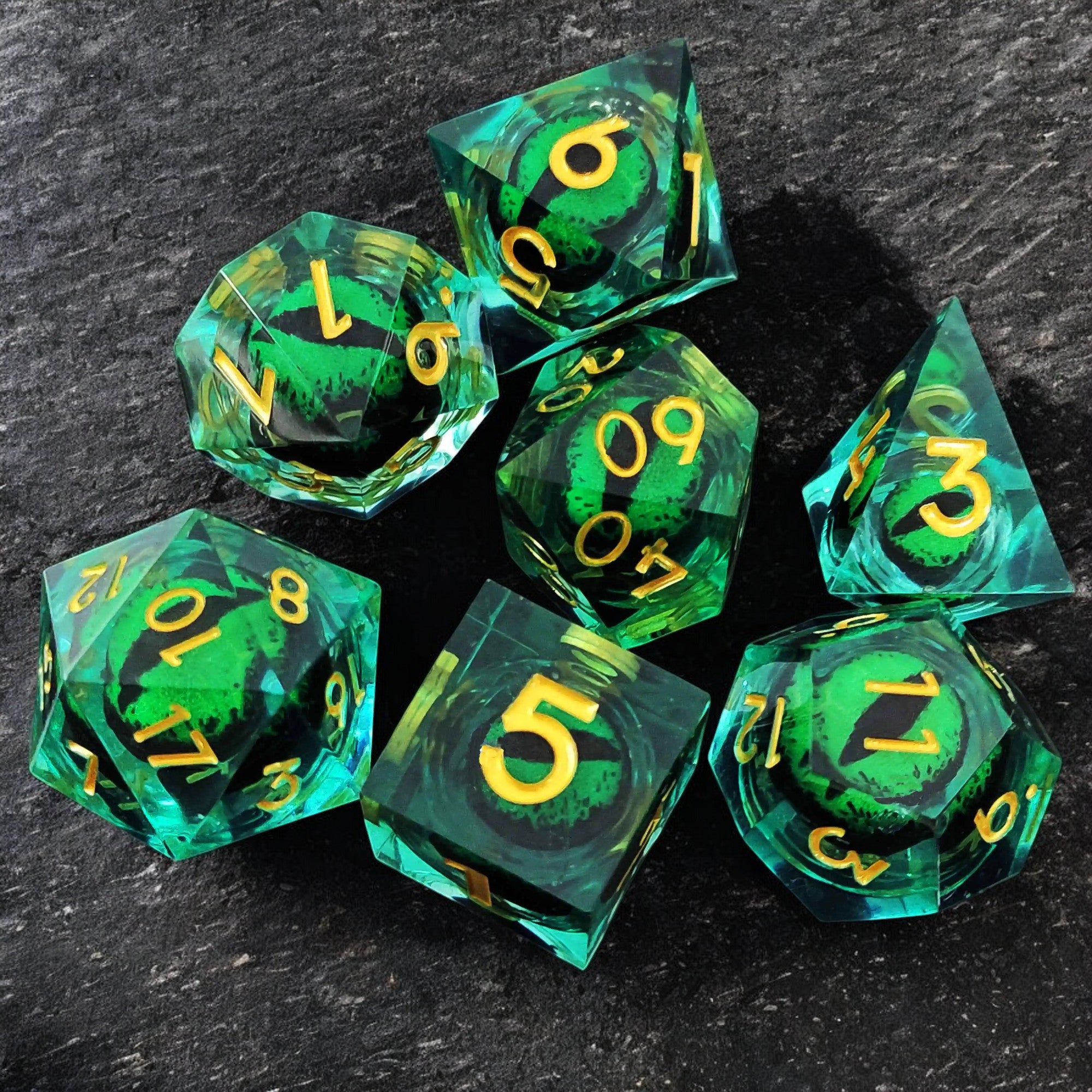 Green Emerald Abyss Pupil Dragon Eye Liquid Core Resin Dnd D&d Dice Set - Masters Dice
