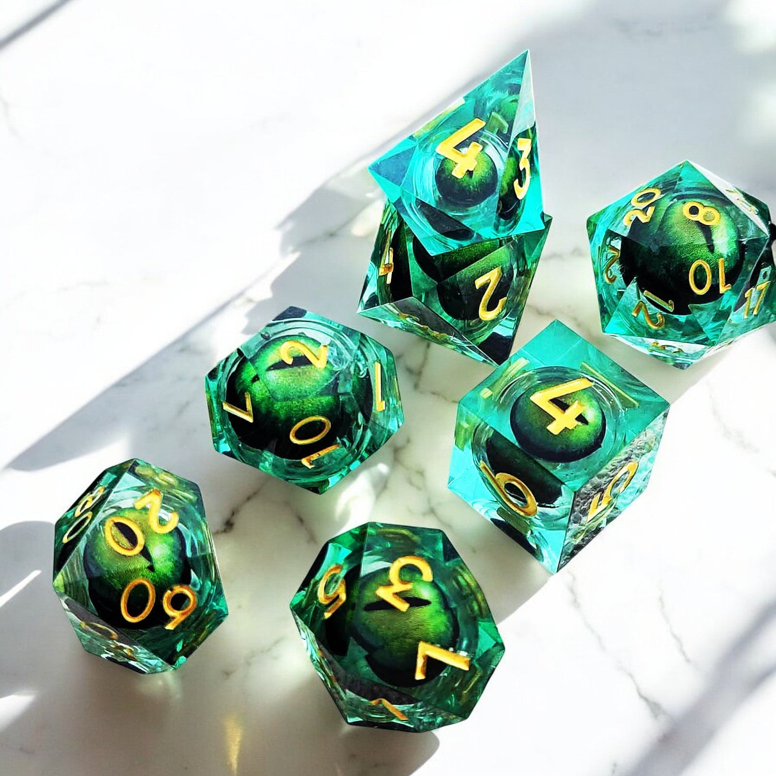 Green Emerald Abyss Pupil Dragon Eye Liquid Core Resin Dnd D&d Dice Set - Masters Dice