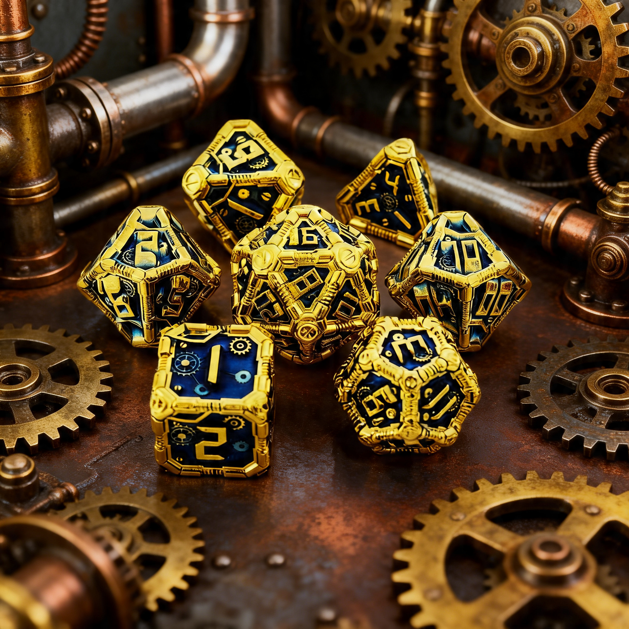 Clockwork Gear Core Metal Dnd D&d Dice Set - Gold Blue