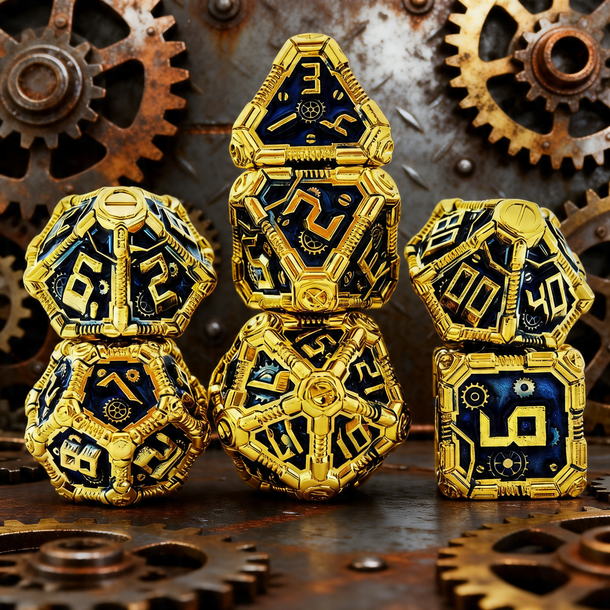 Clockwork Gear Core Metal Dnd D&d Dice Set - Gold Blue