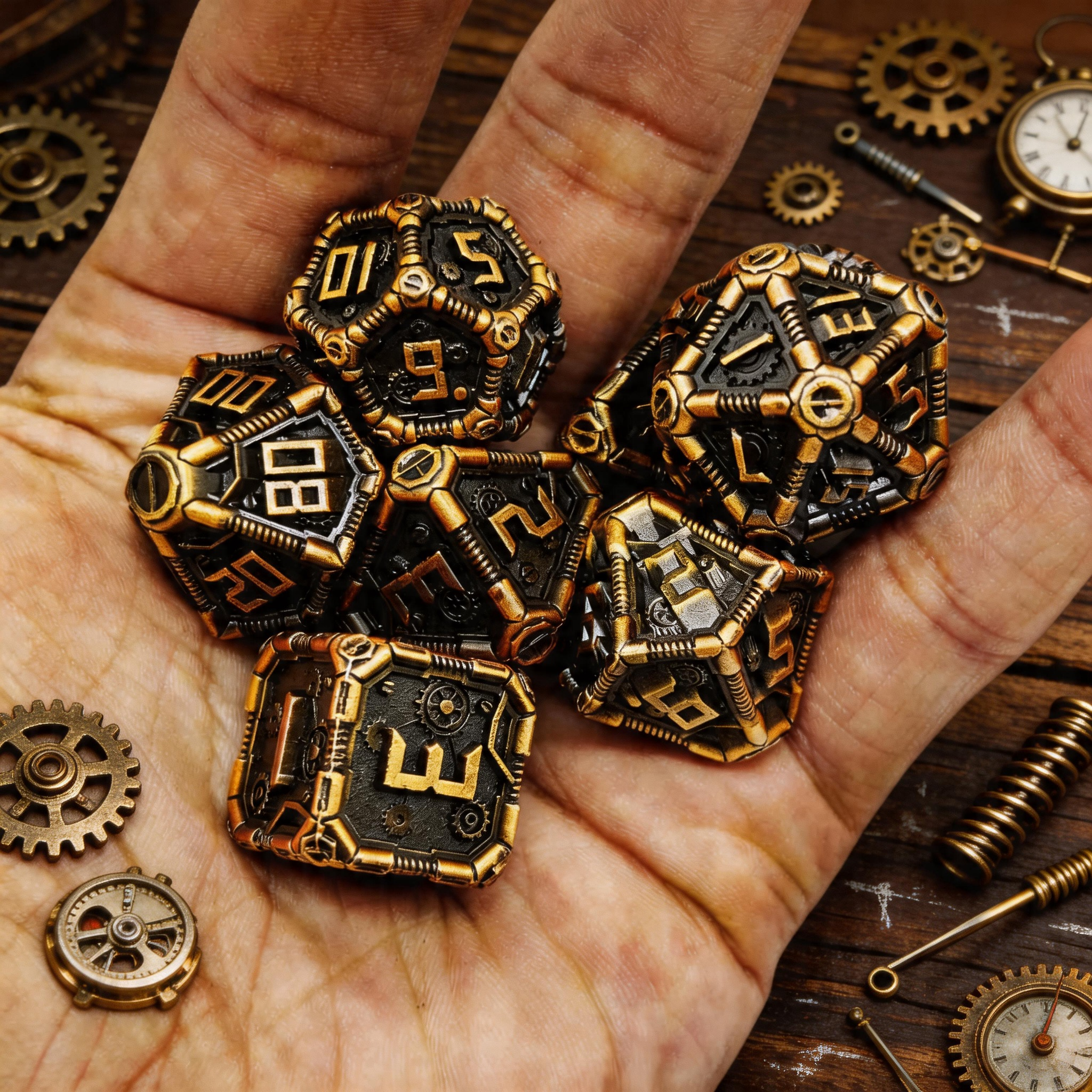 Clockwork Gear Core Metal Dnd D&d Dice Set - Antique Gold
