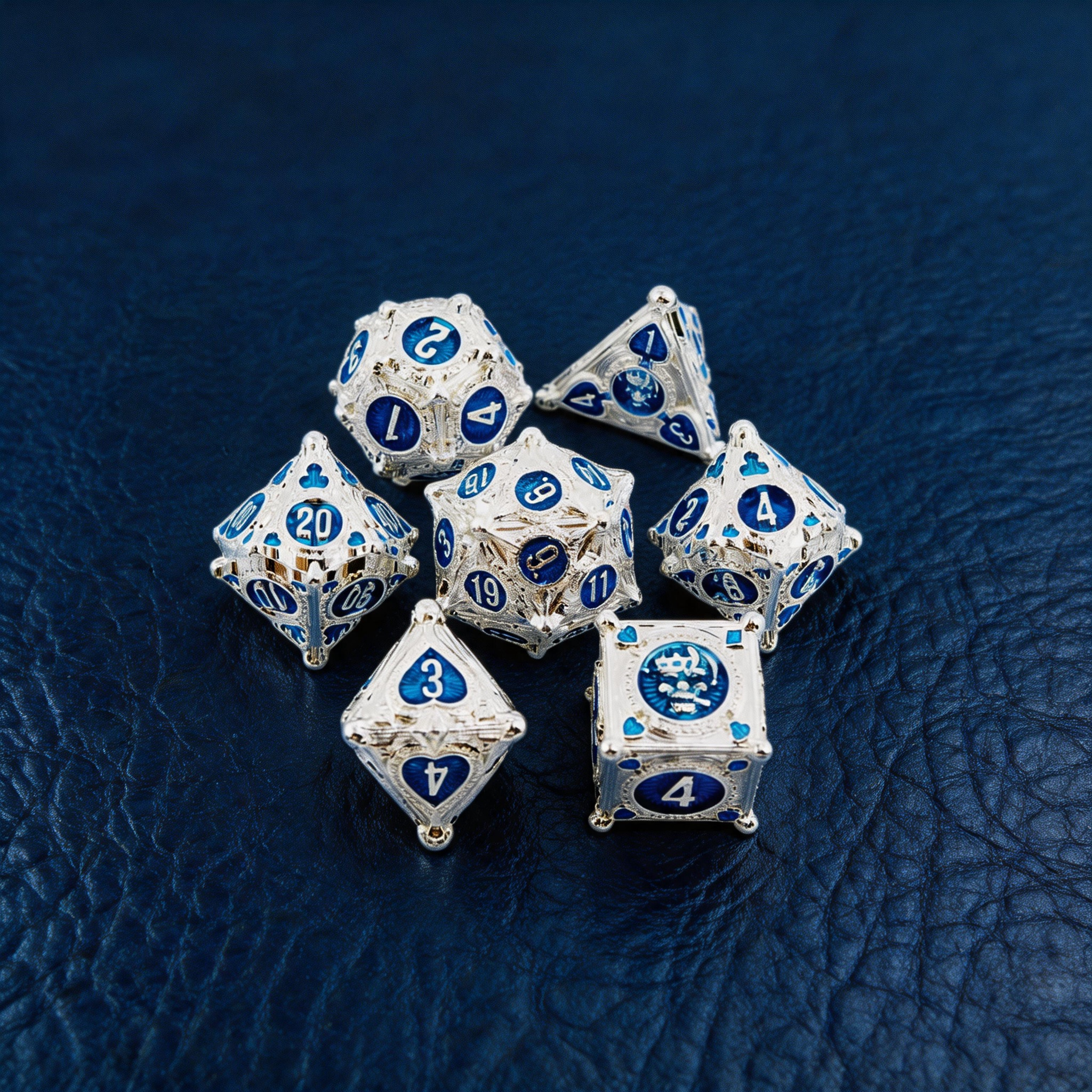 Gambler’s Sigil Playing Card Metal Dnd D&d Dice Set - Silver Blue