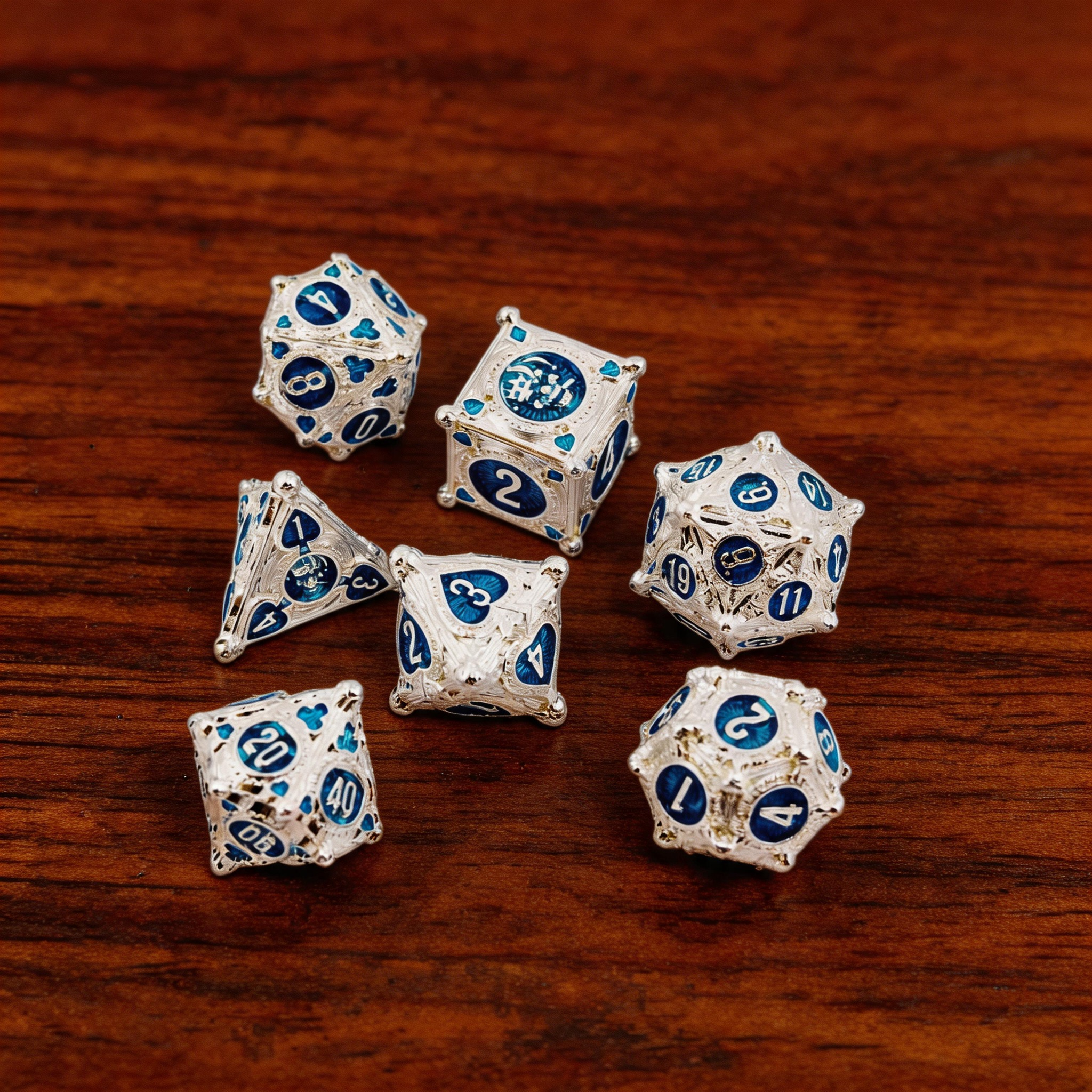 Gambler’s Sigil Playing Card Metal Dnd D&d Dice Set - Silver Blue