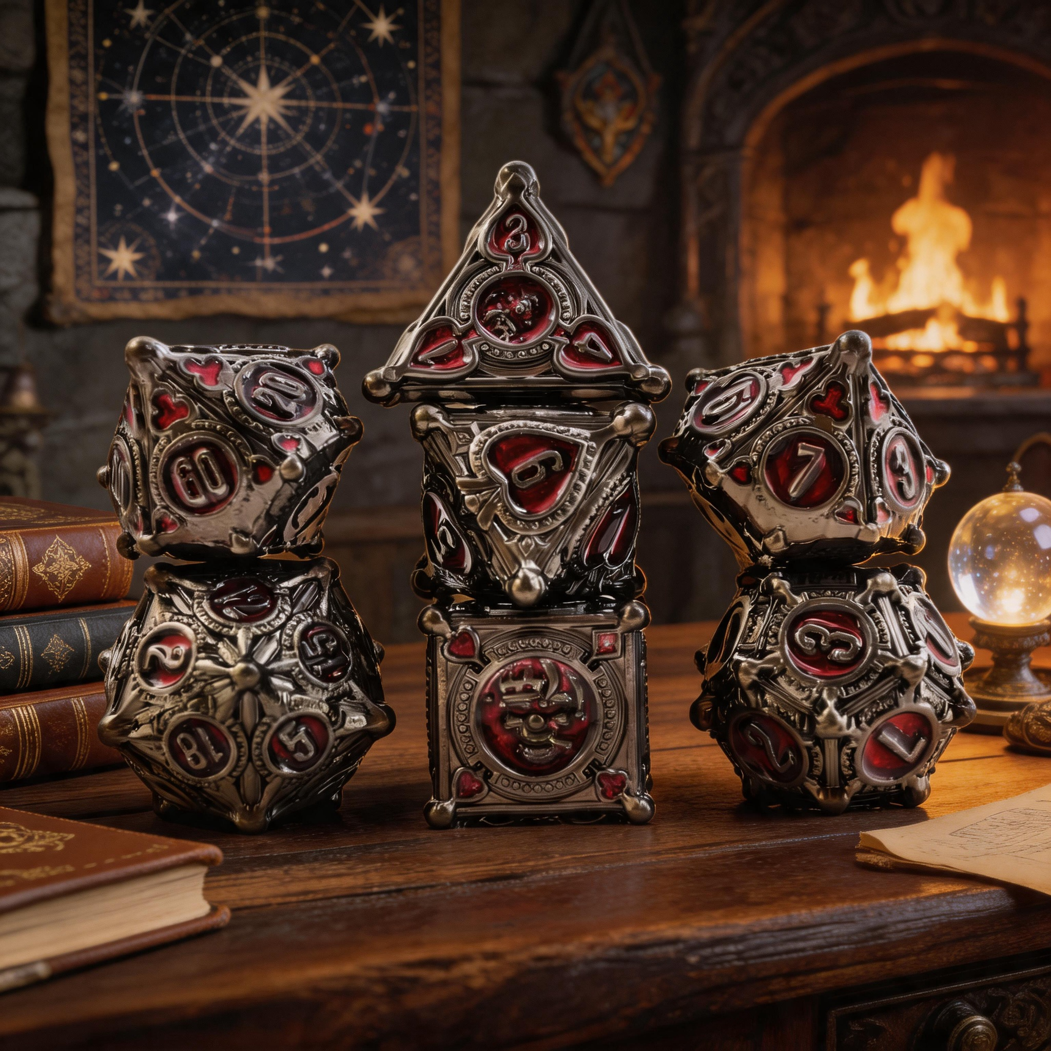 Gambler’s Sigil Playing Card Metal Dnd D&d Dice Set - Pearl Gunmetal Red