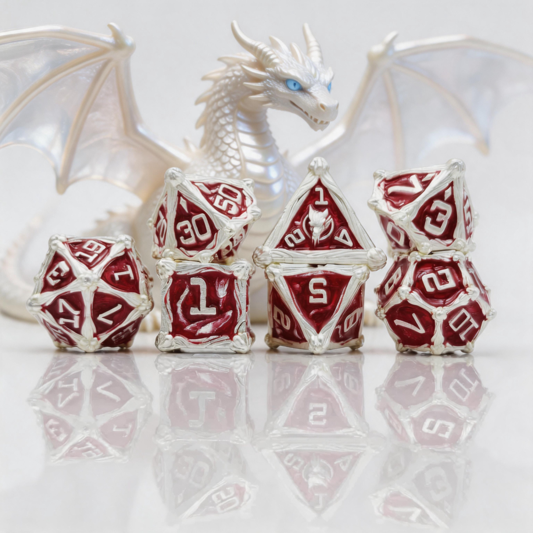 Dragon Crest Ancient Wyrm Metal Dnd D&d Dice Set - Silver Red