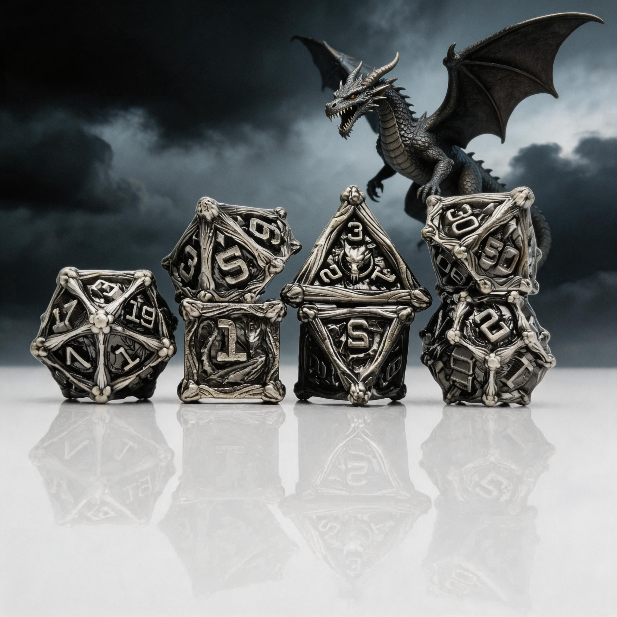 Dragon Crest Ancient Wyrm Metal Dnd D&d Dice Set - Antique Nickel